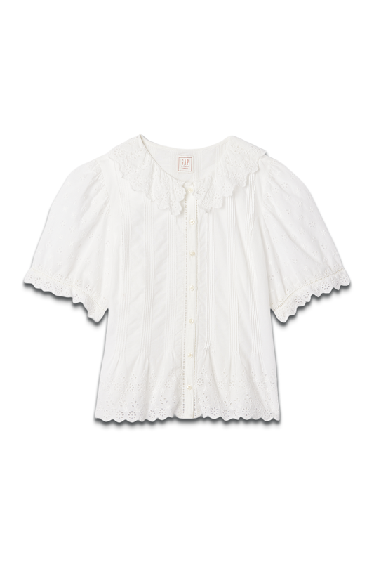 DÔEN Cropped Eyelet Short Sleeve Blouse