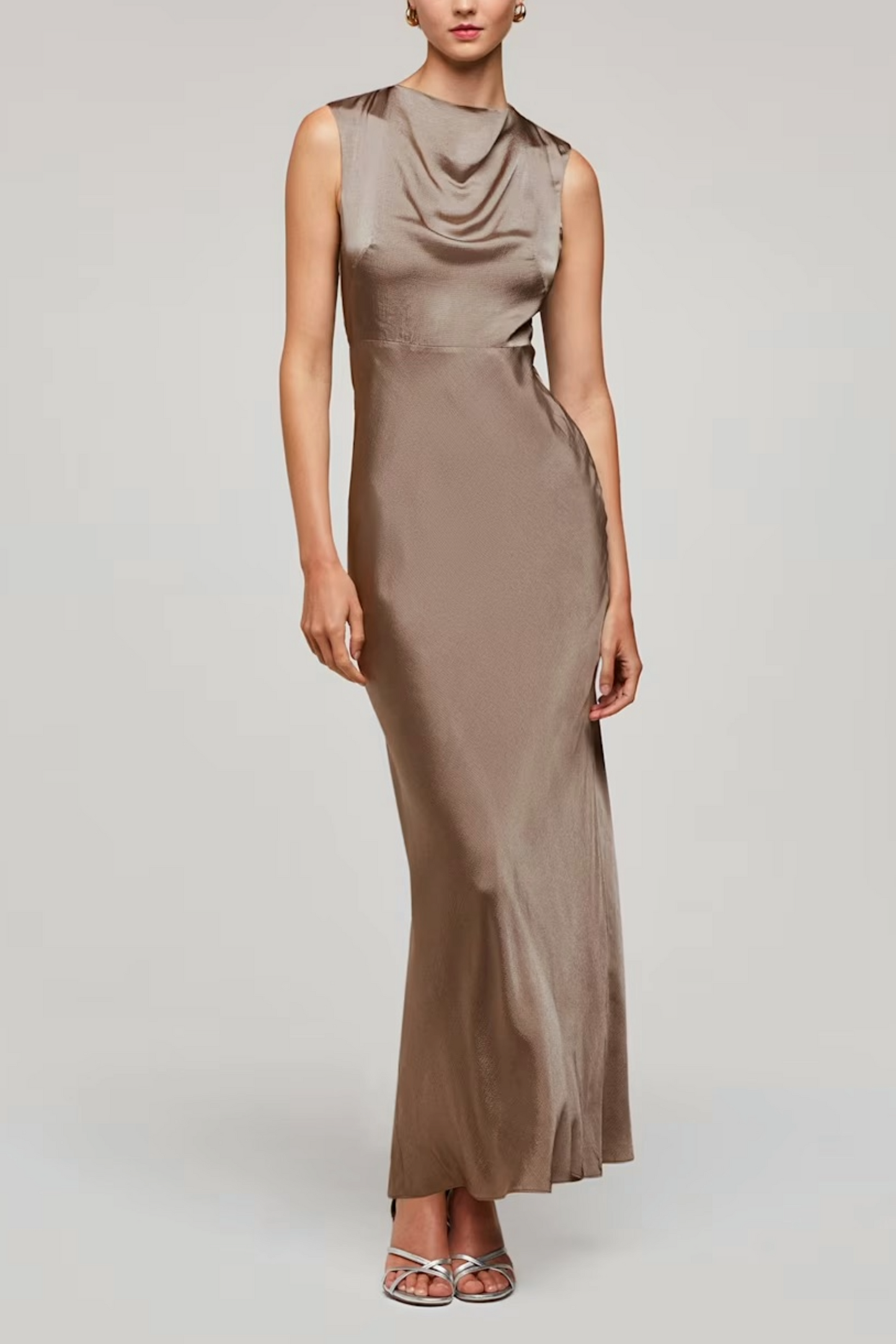 Pewter Cowl Neck Satin Maxi Dress