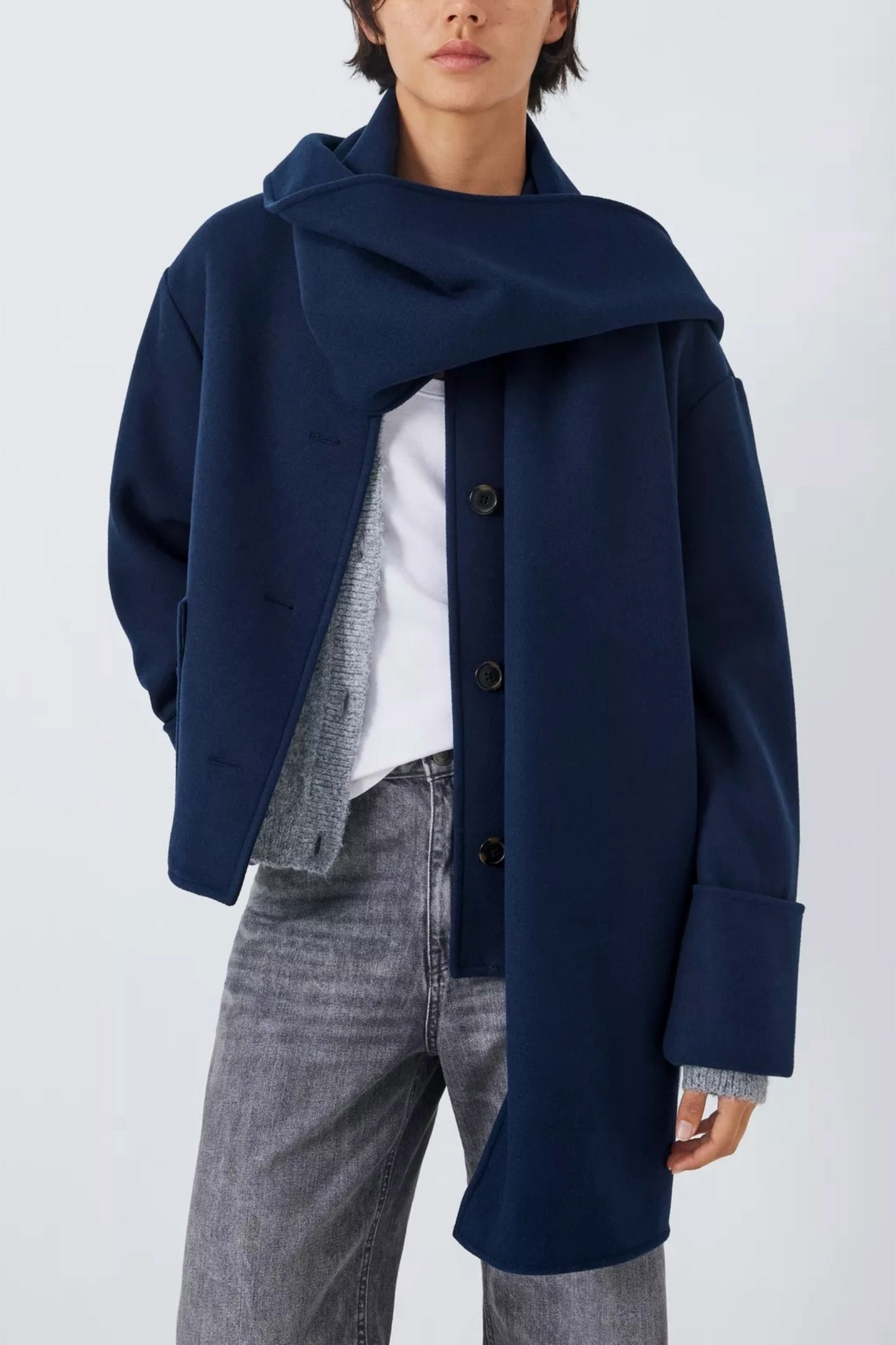 Crop Scarf Coat, Navy