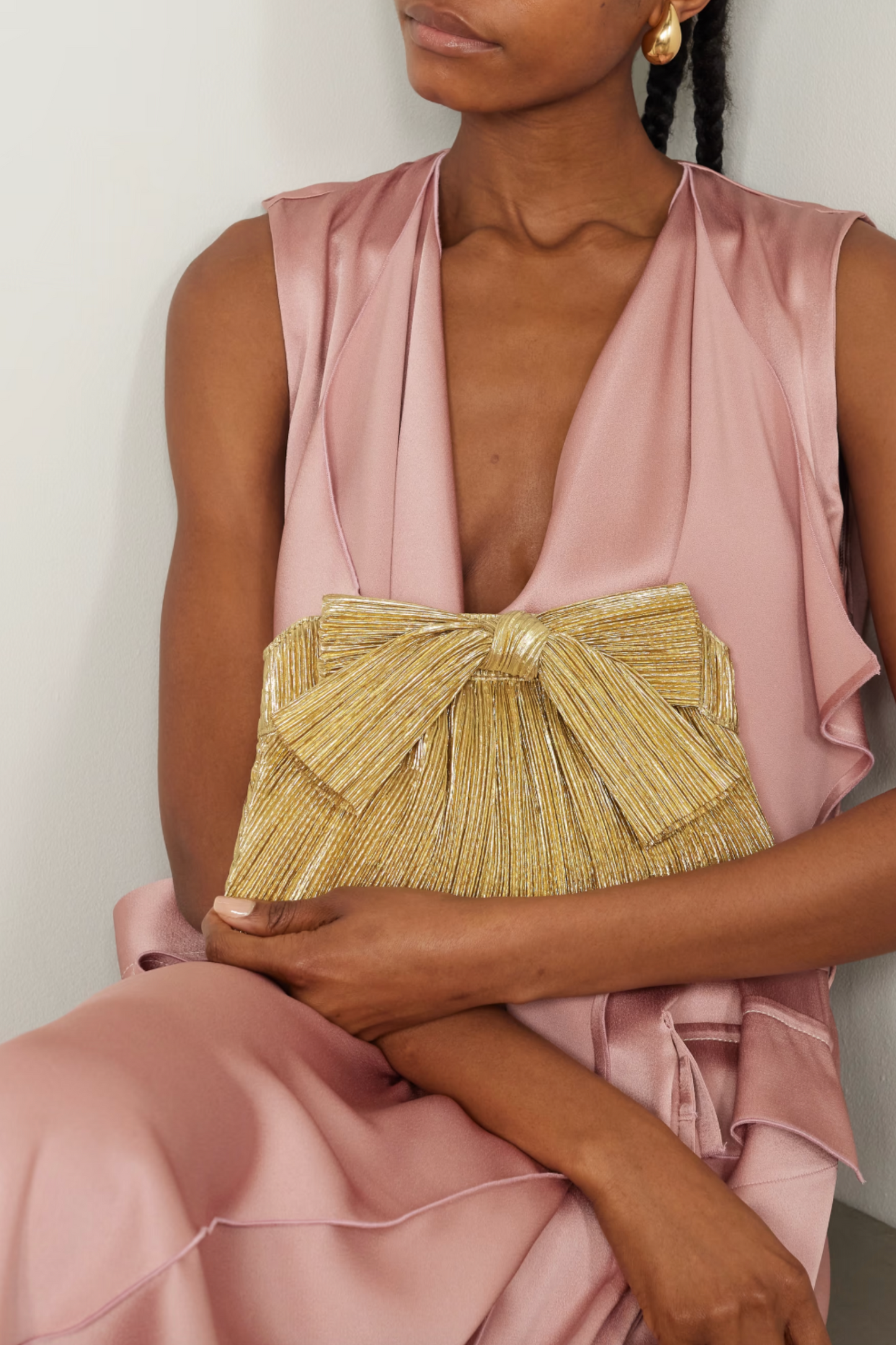 Rayne Bow-embellished Plissé-lamé Clutch