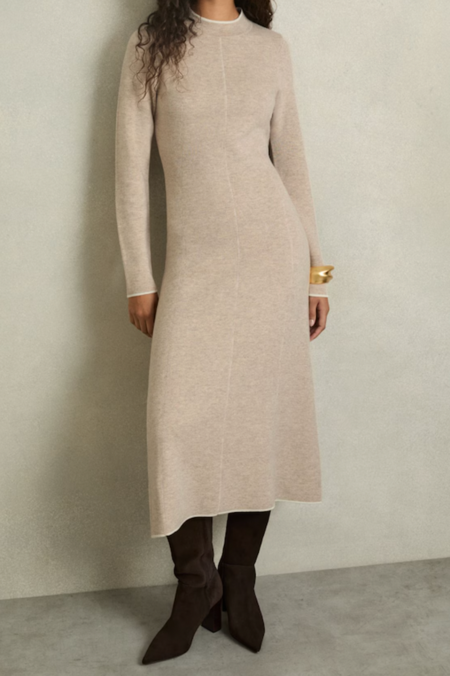 Knitted Mélange Midi Dress With Cashmere in Neutral