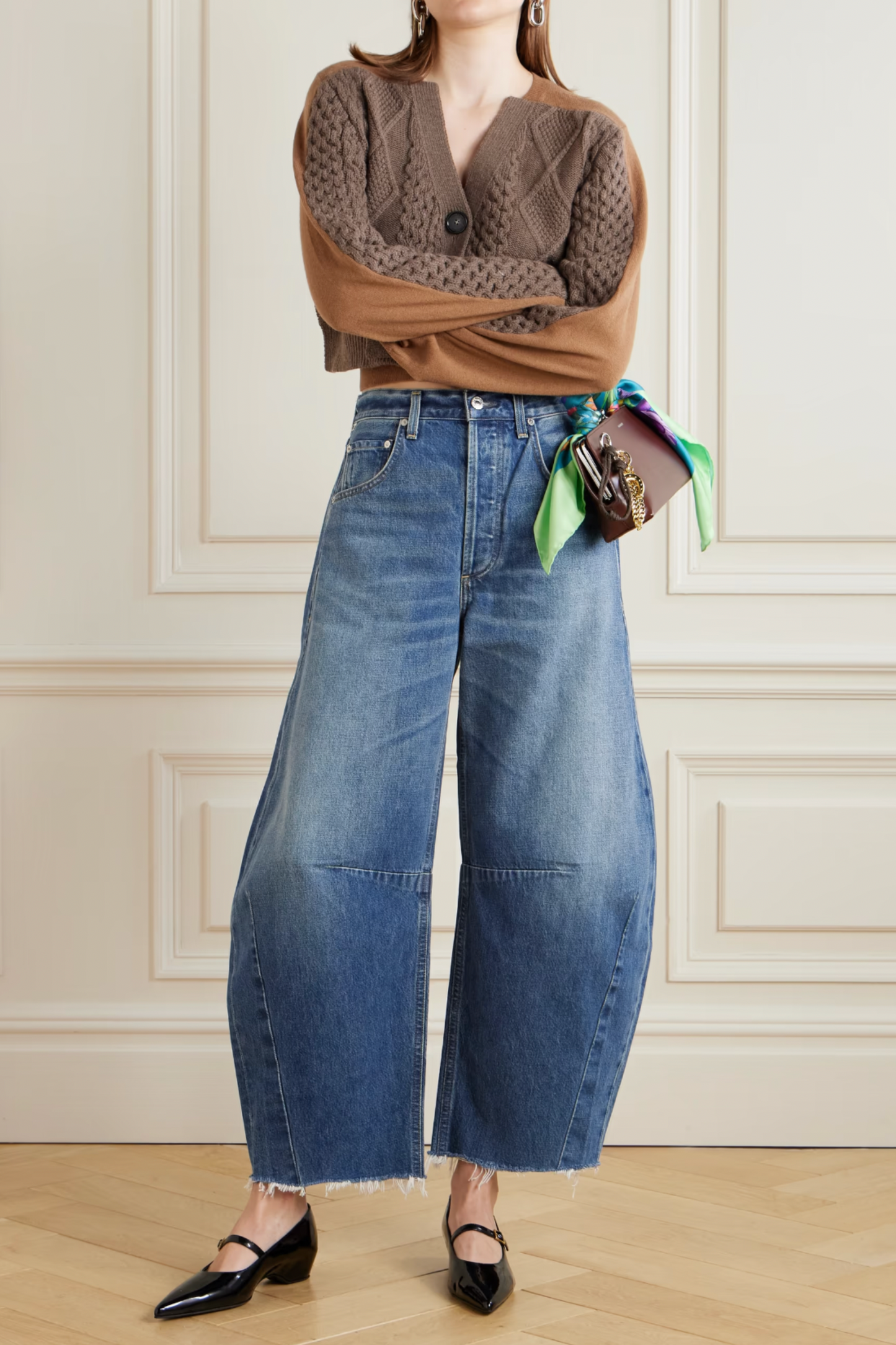 Horseshoe Frayed High-Rise Barrel-Leg Jeans