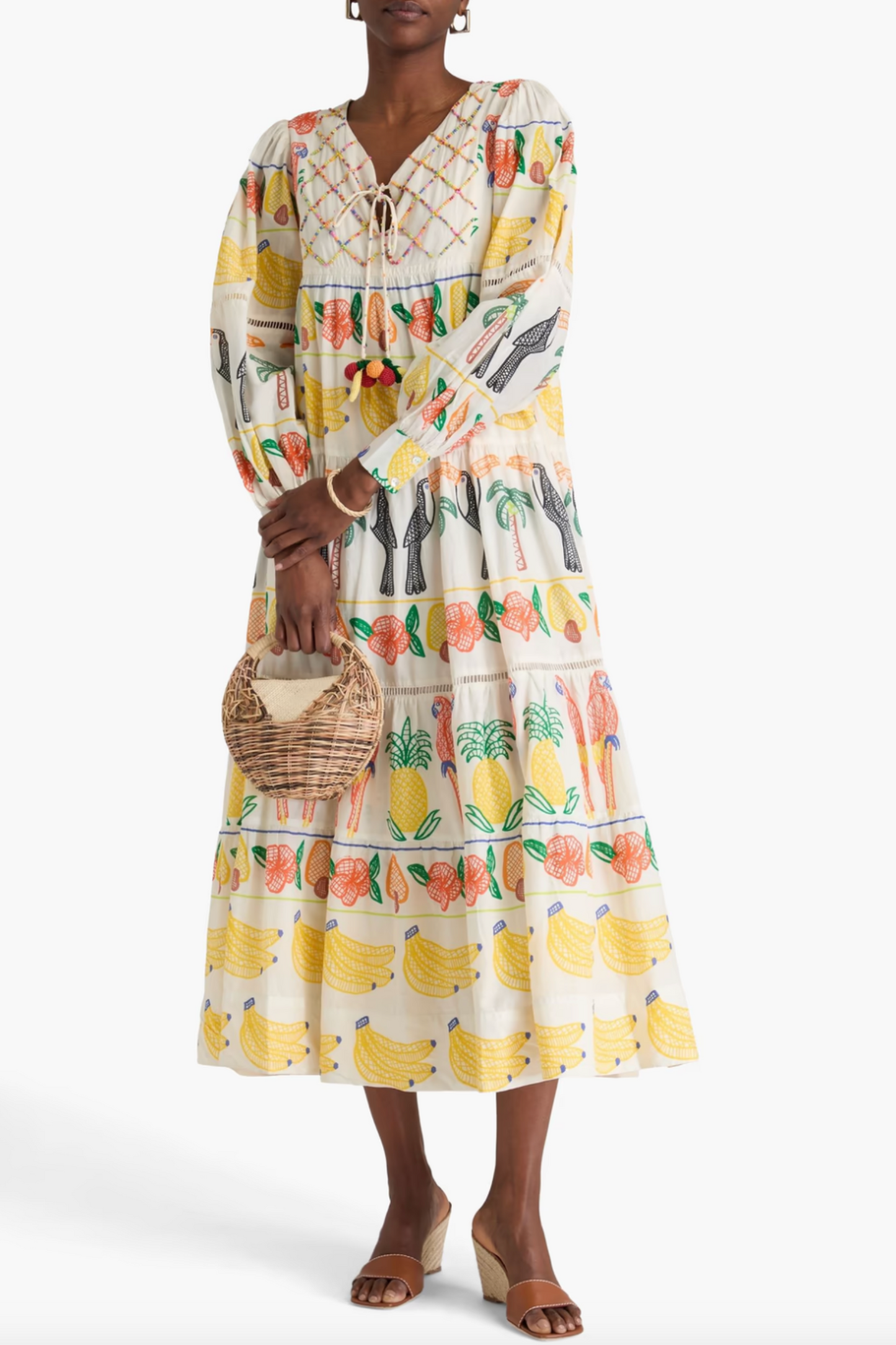 Embellished Tiered Printed Cotton-Voile Midi Dress