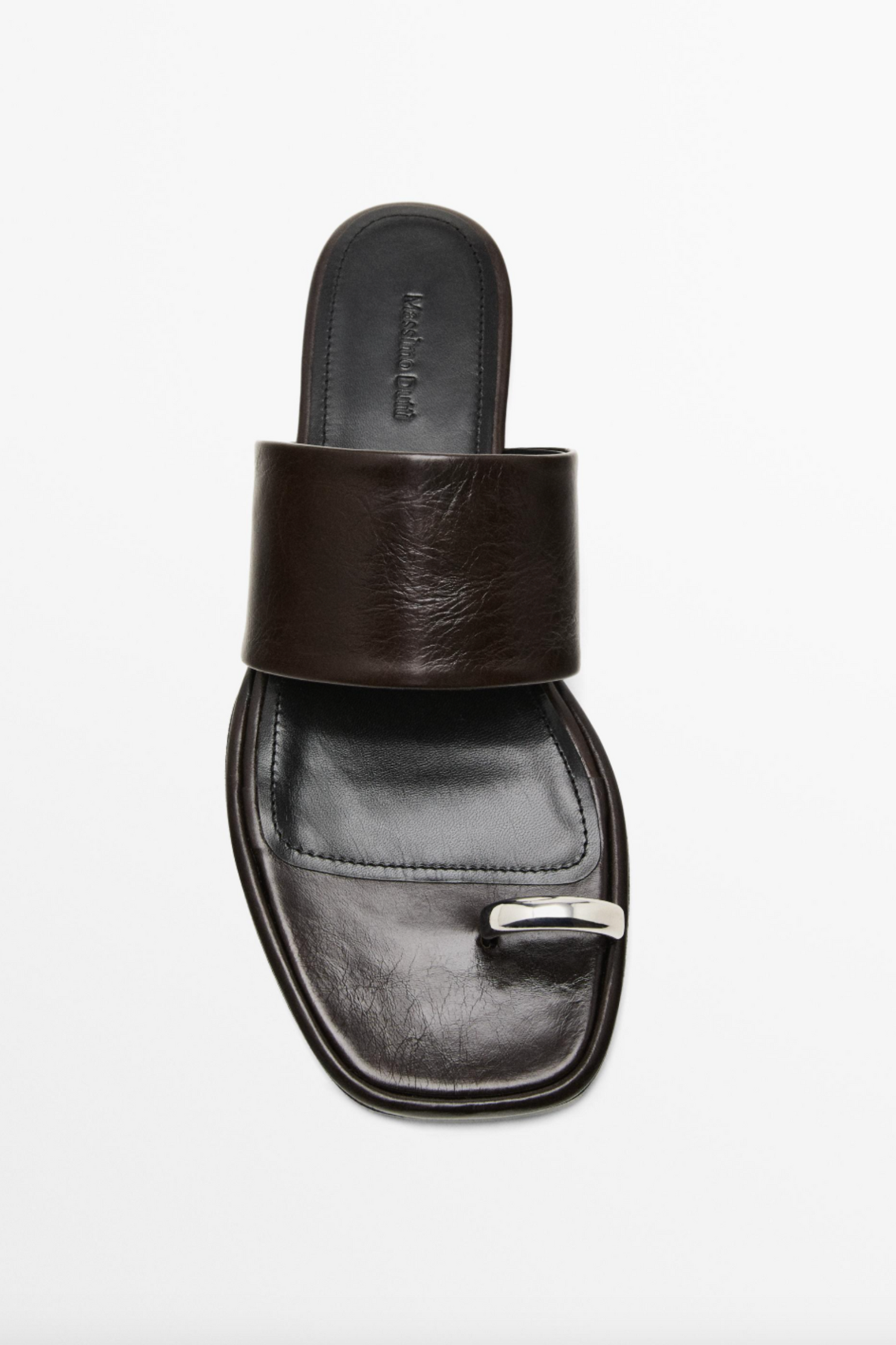 Leather Flat Slider Sandals With Ring Detail