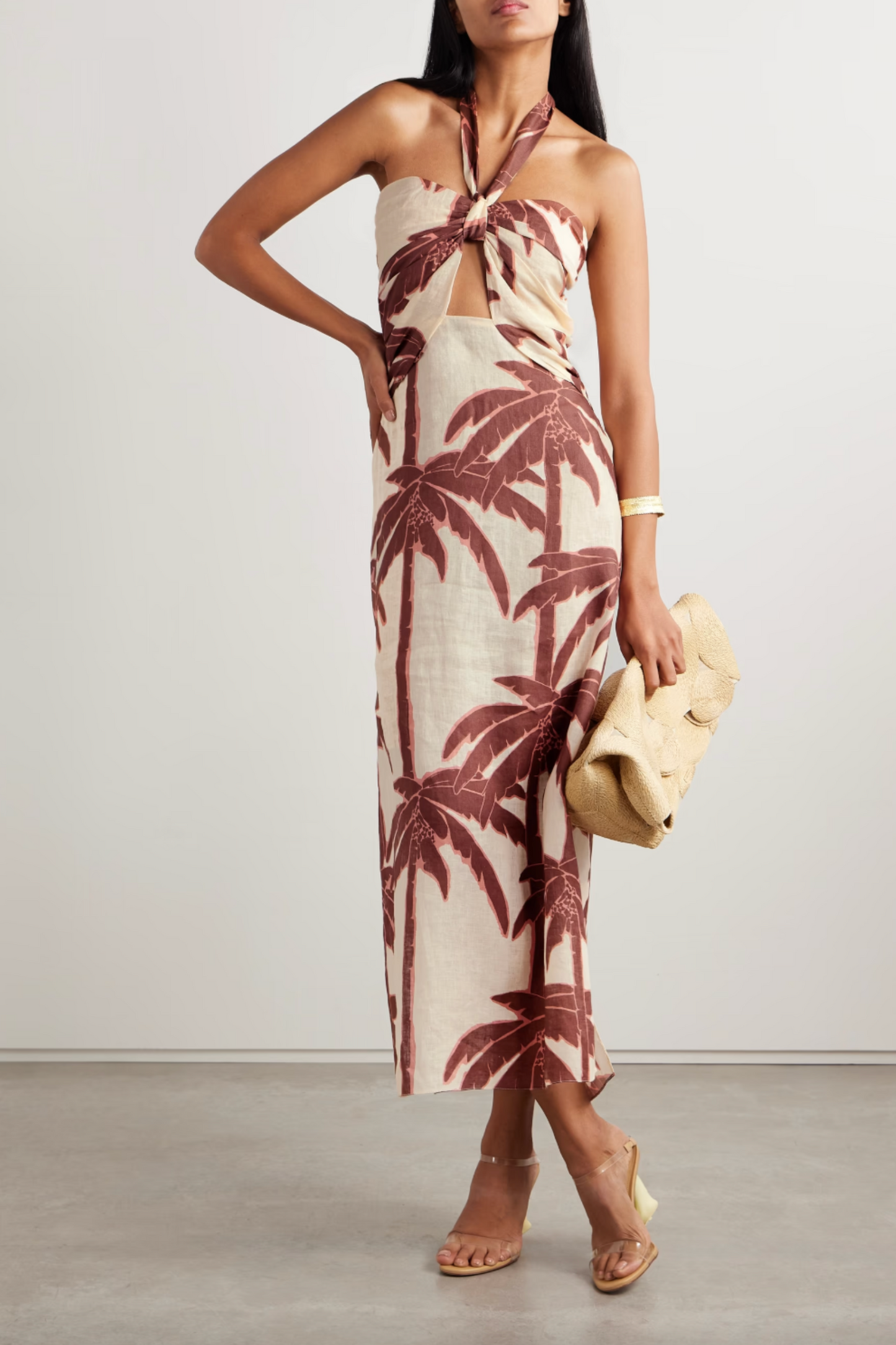 Water Adventure Cutout Printed Linen Halterneck Midi Dress