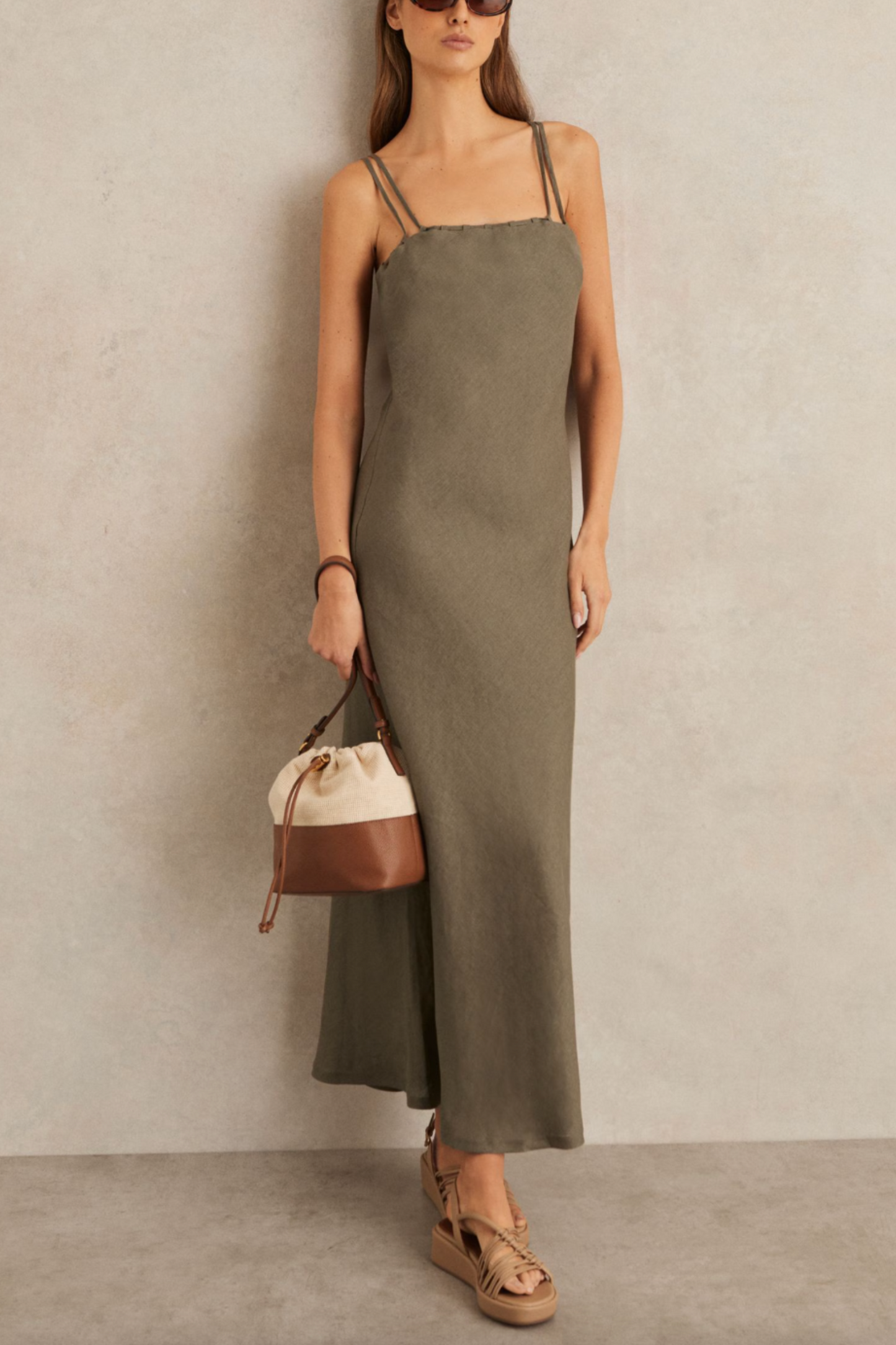 Roxanne Linen Double-Strap Slip Dress in Khaki