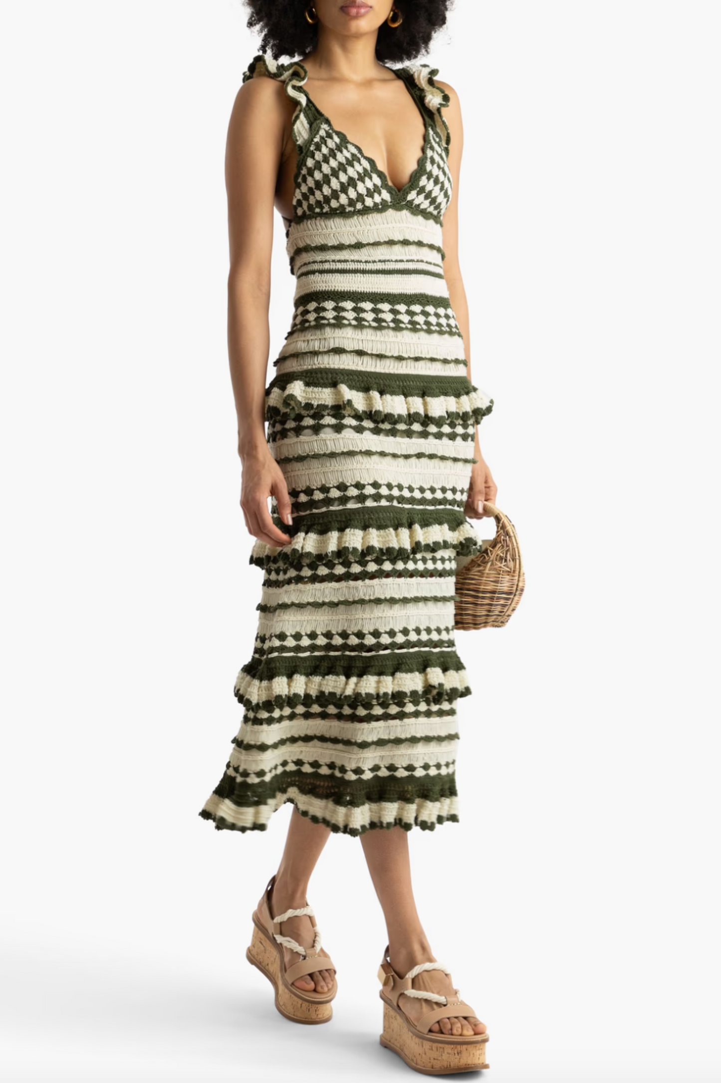 Devi Ruffled Crocheted Cotton Midi Dress