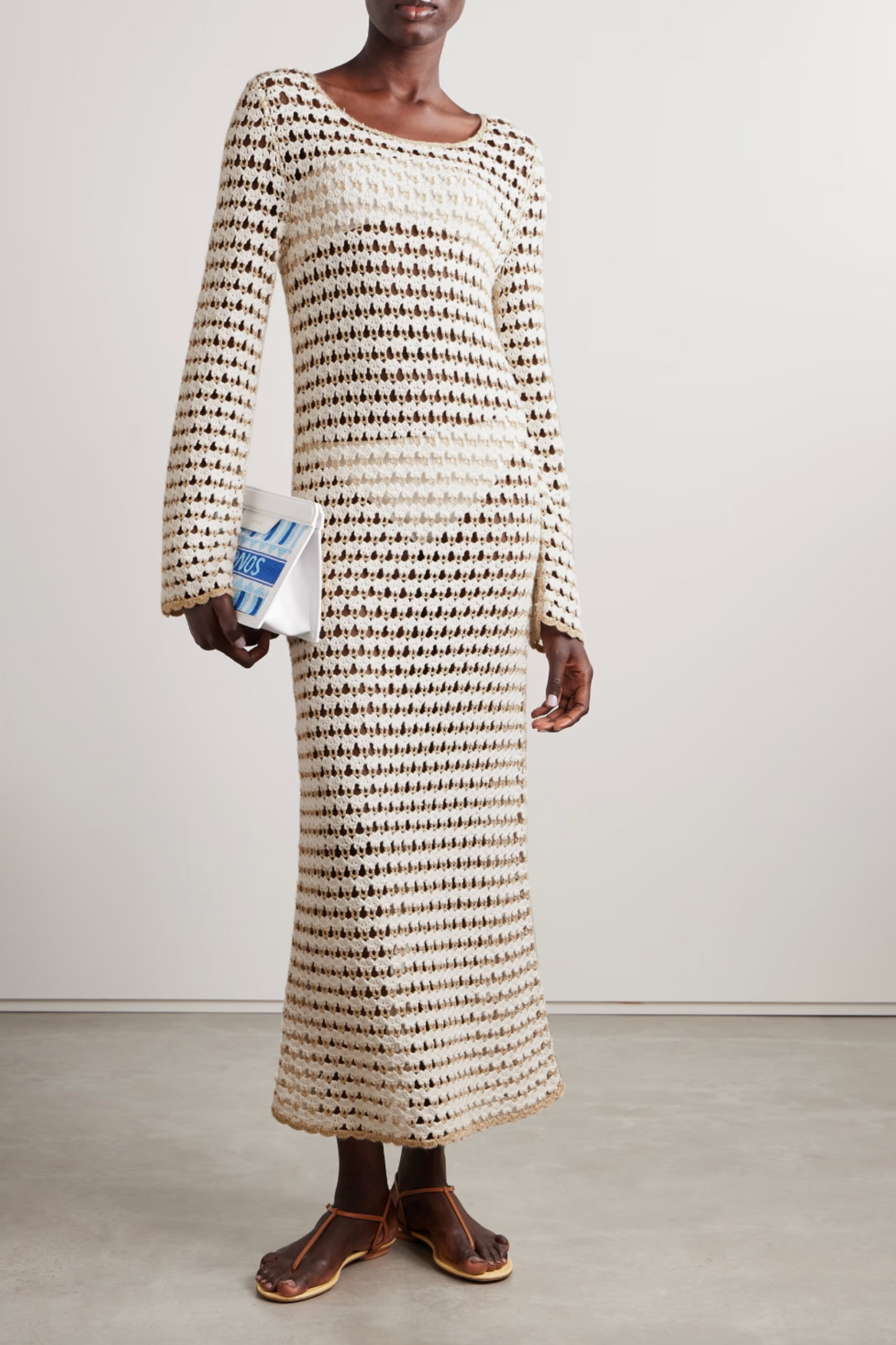 Tallow Metallic Crocheted Cotton-blend Midi Dress