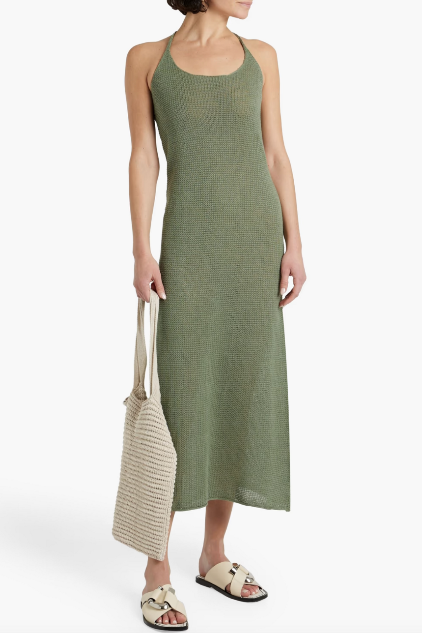 Open-back Crochet-knit Linen Midi Dress