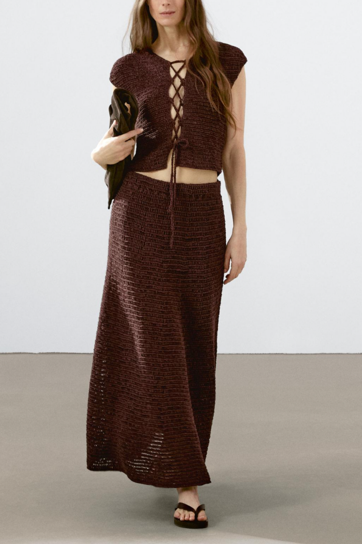 Cotton blend Crochet Midi Skirt and Waistcoat With Tie Detail