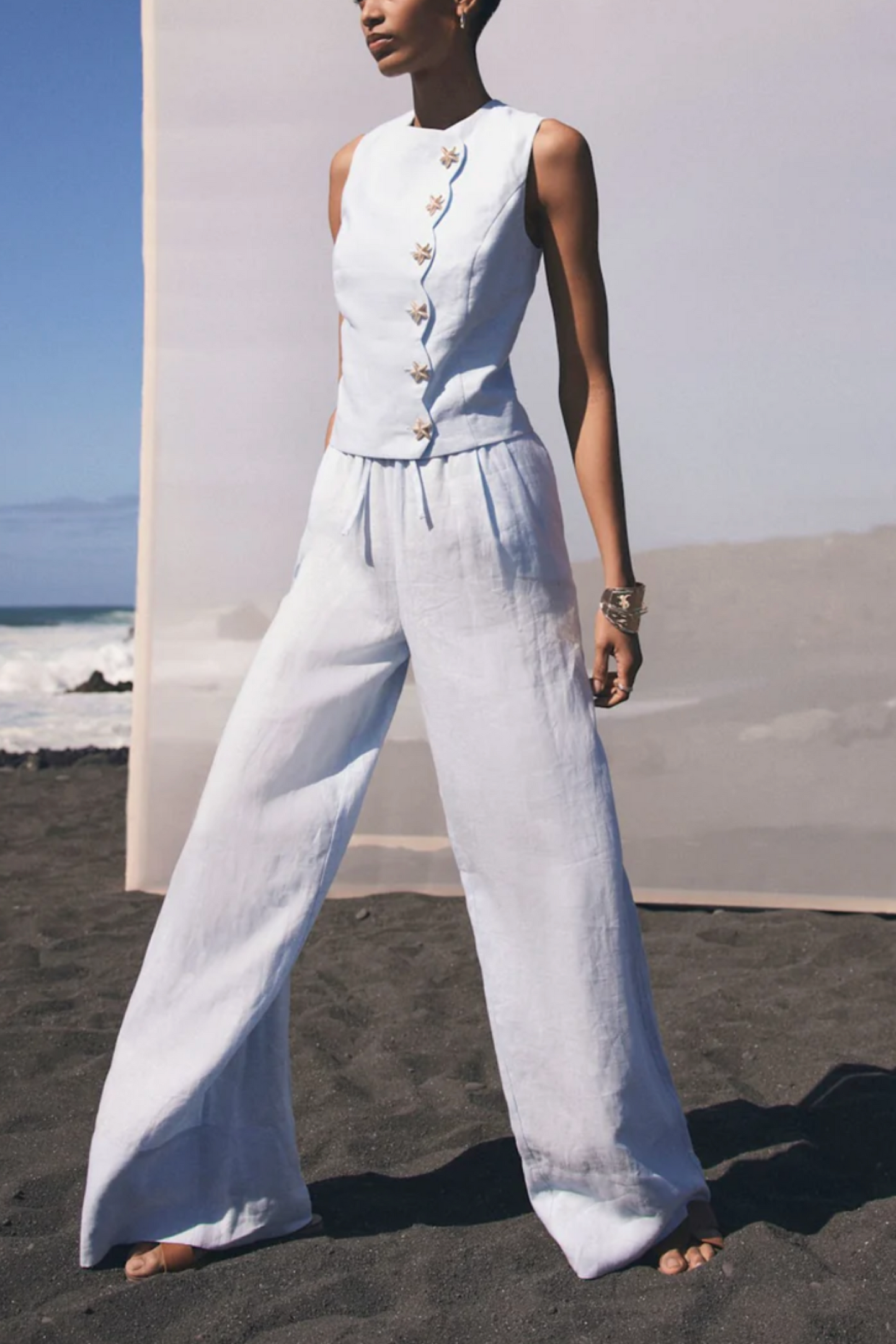Blue Linen Wide Leg Trousers