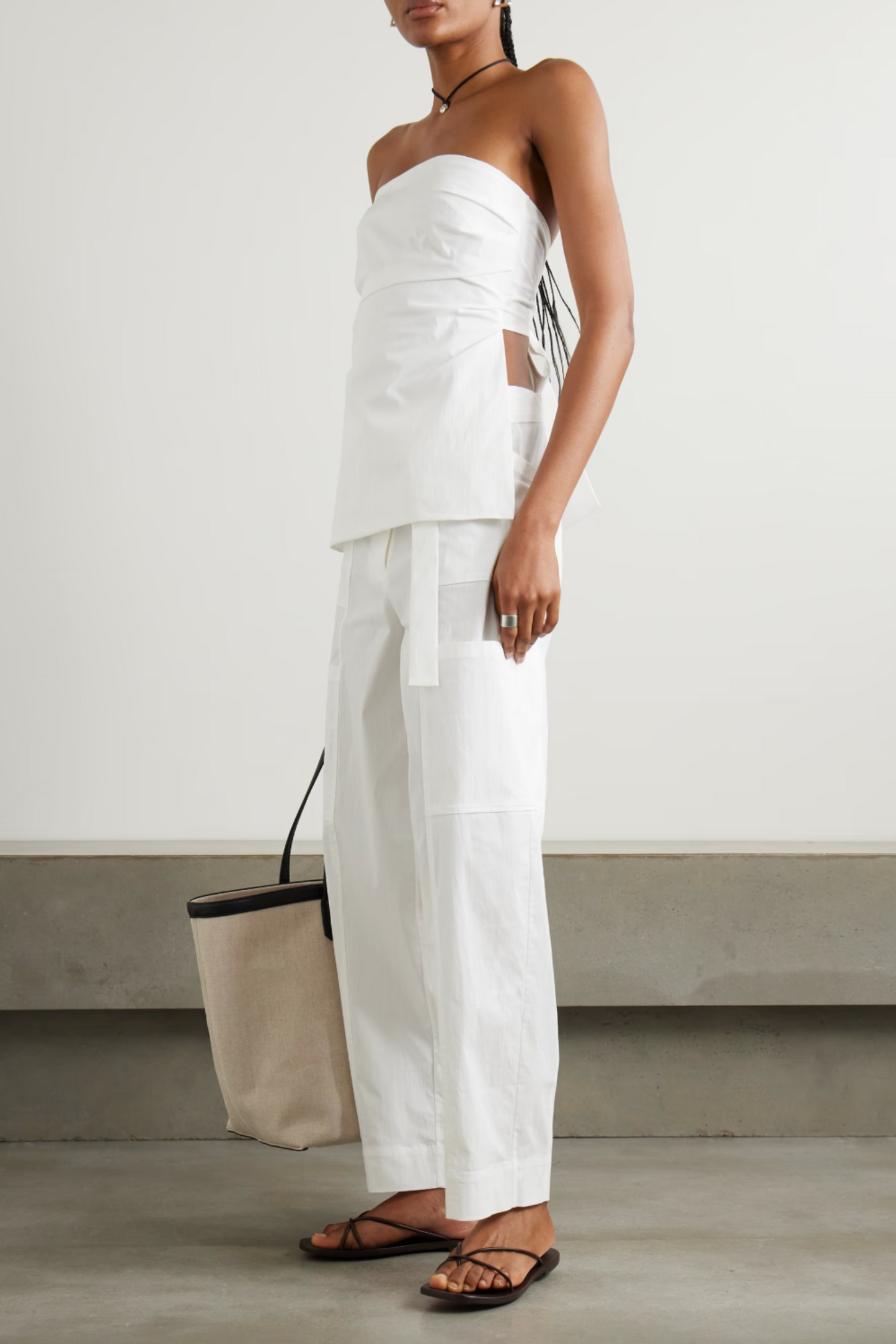 Strapless Tie-back Ruched Cotton-blend Top and Utility Belted Cotton-blend Wide-leg Pants