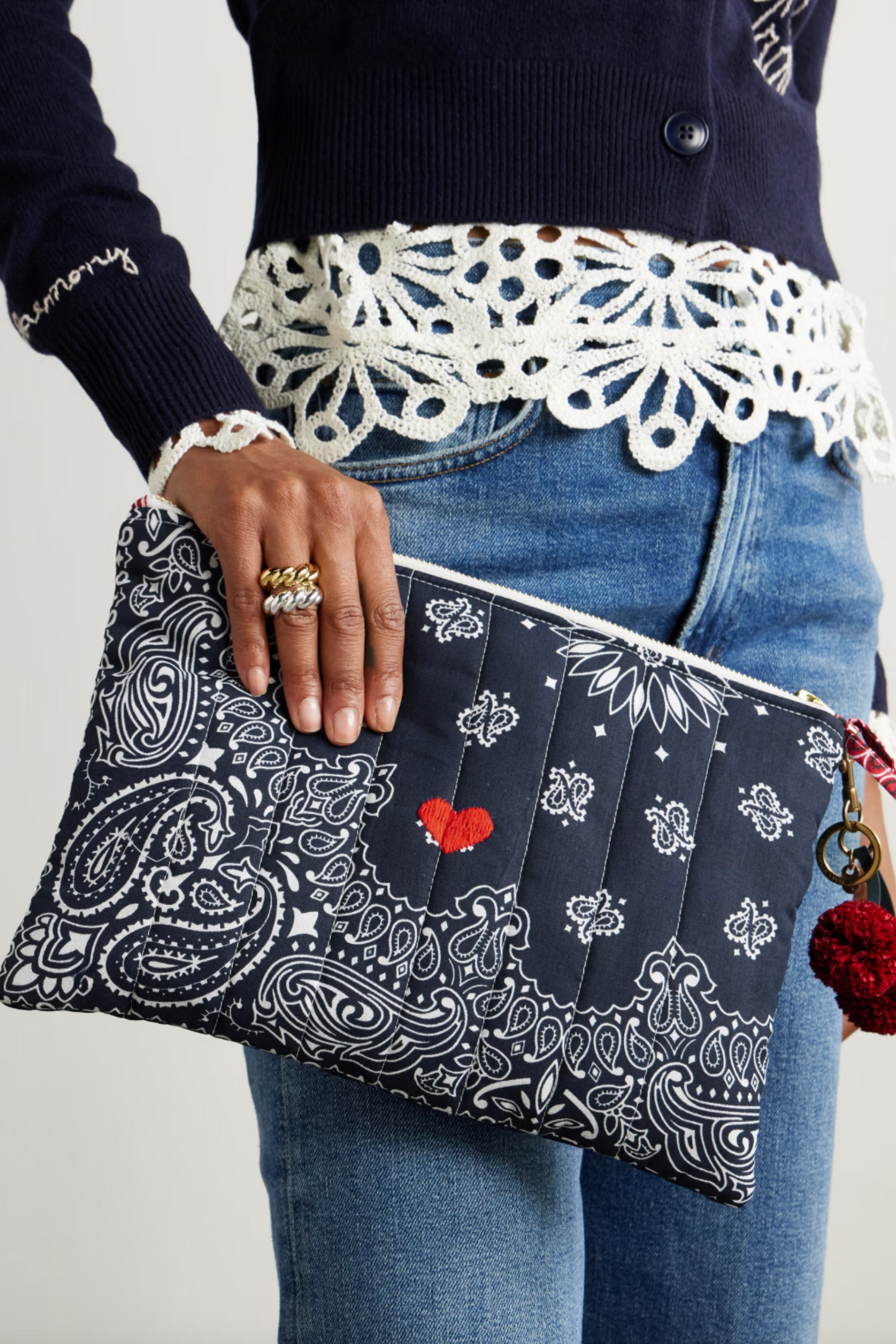 Embroidered Bandana-print Quilted Cotton Pouch