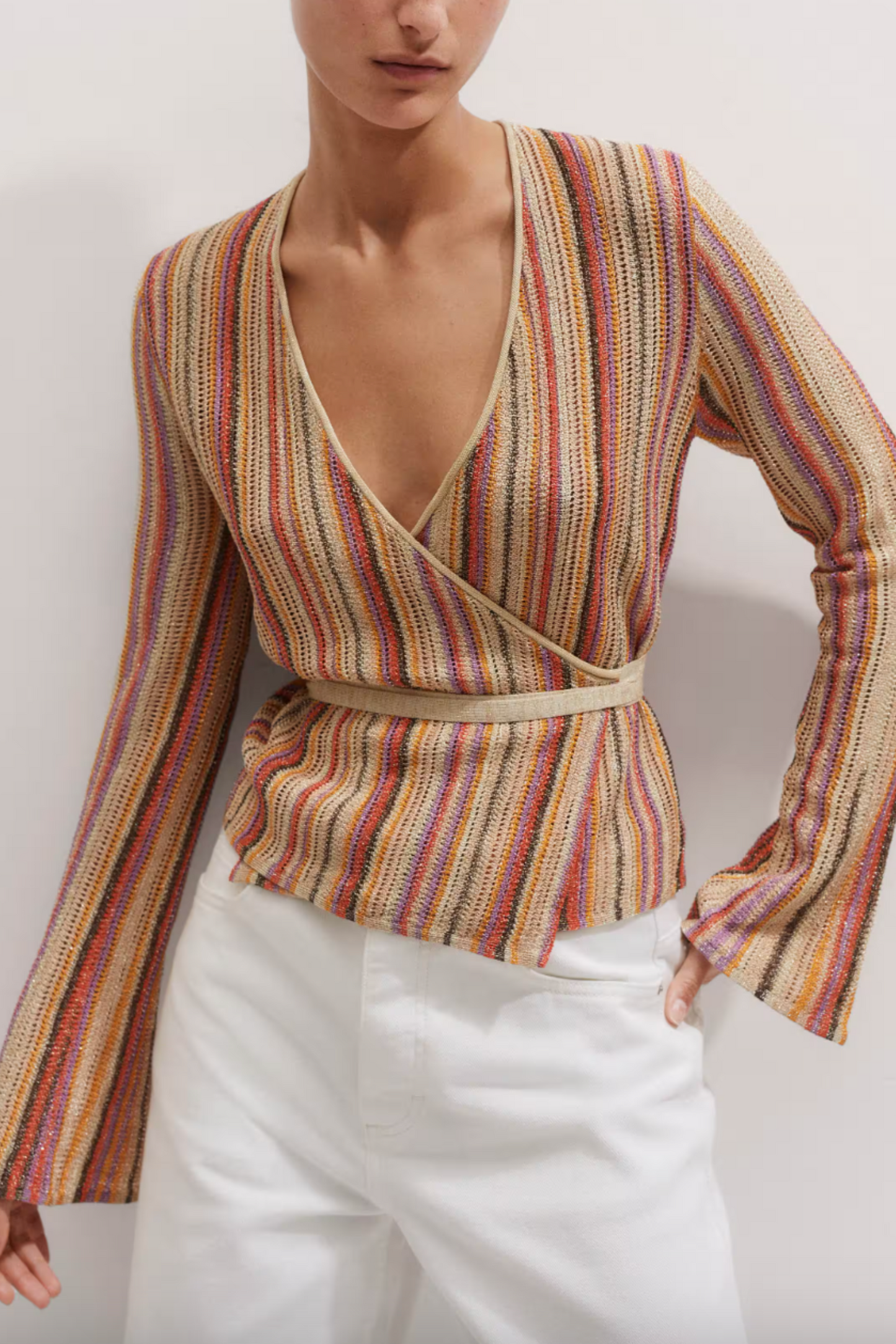 Metallic Textured Stripe Knit Wrap Top