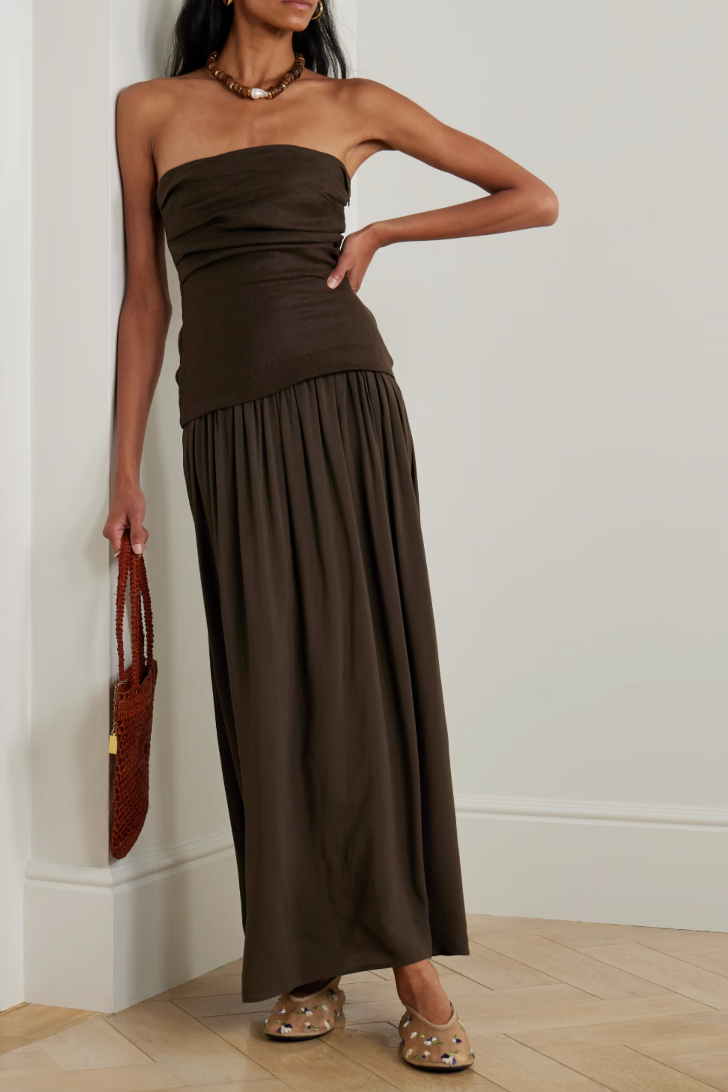 Hedy Strapless Gathered Linen And Voile Maxi Dress