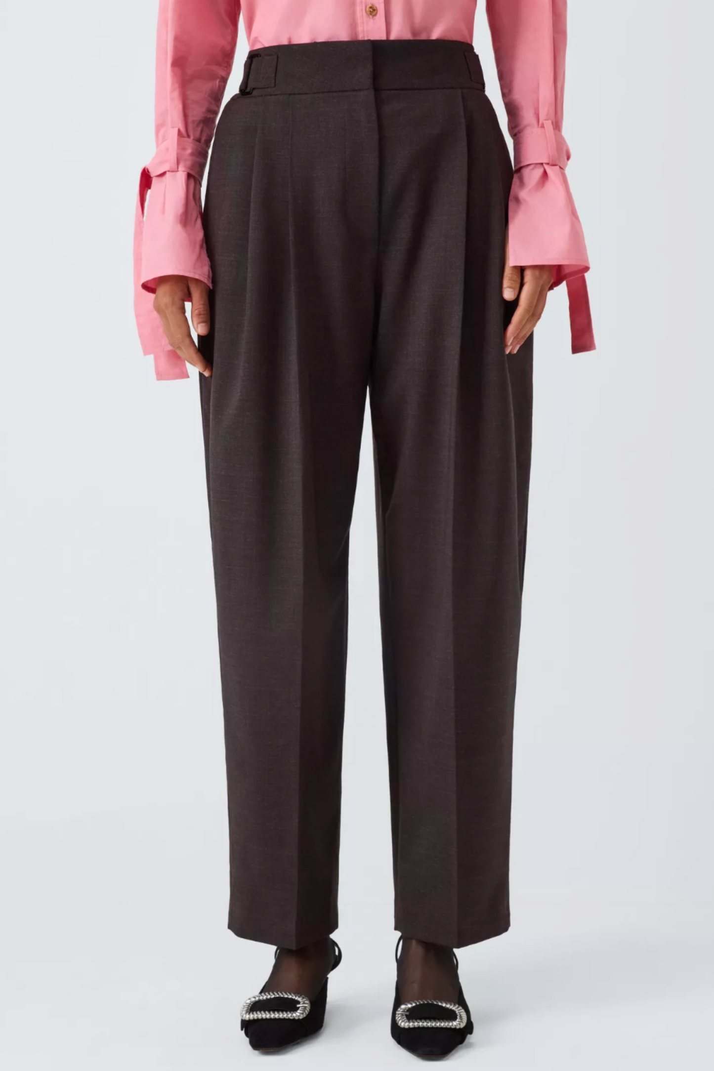 Straight Cut Wool Blend Tailored Trousers, Chocolate