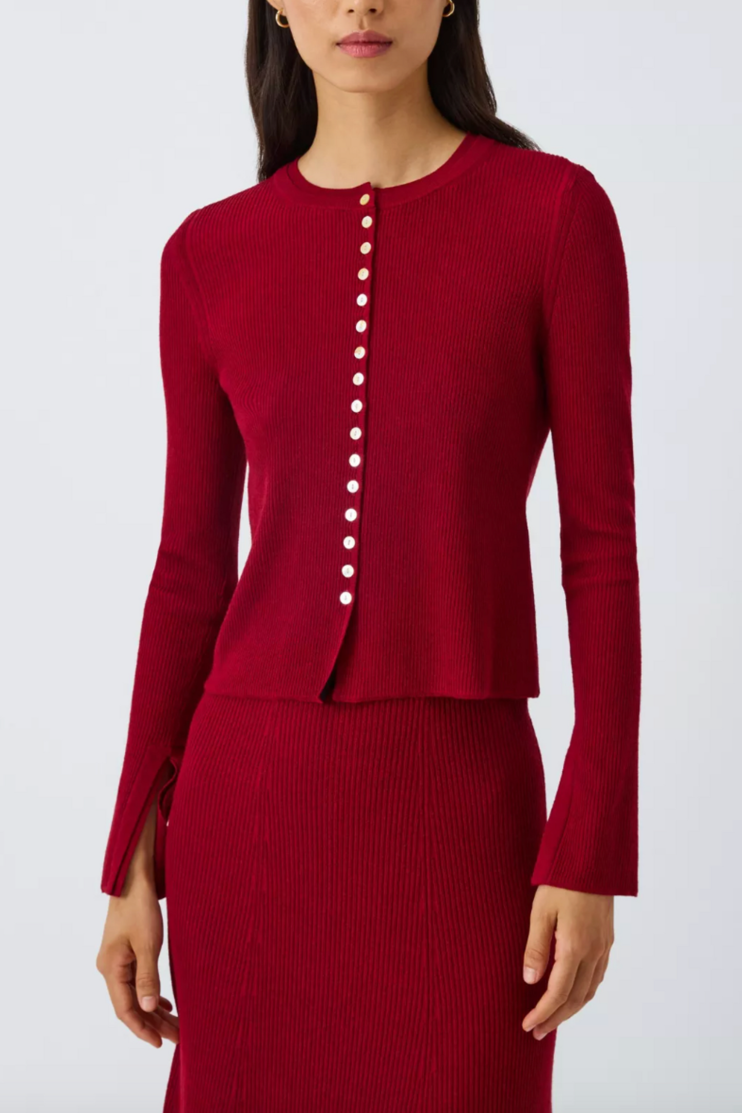 Merino Wool Blend Rib Knit Button Detail Cardigan, Berry
