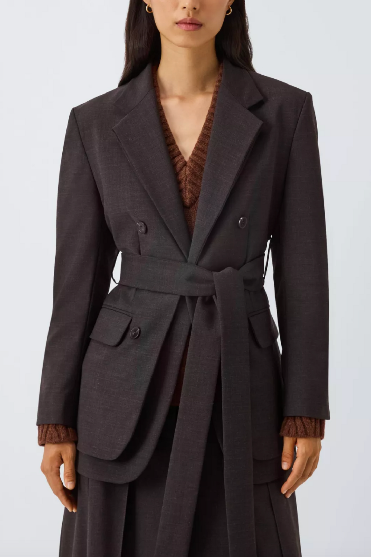 Slim Fit Double Layer Wool Blend Belted Blazer, Chocolate
