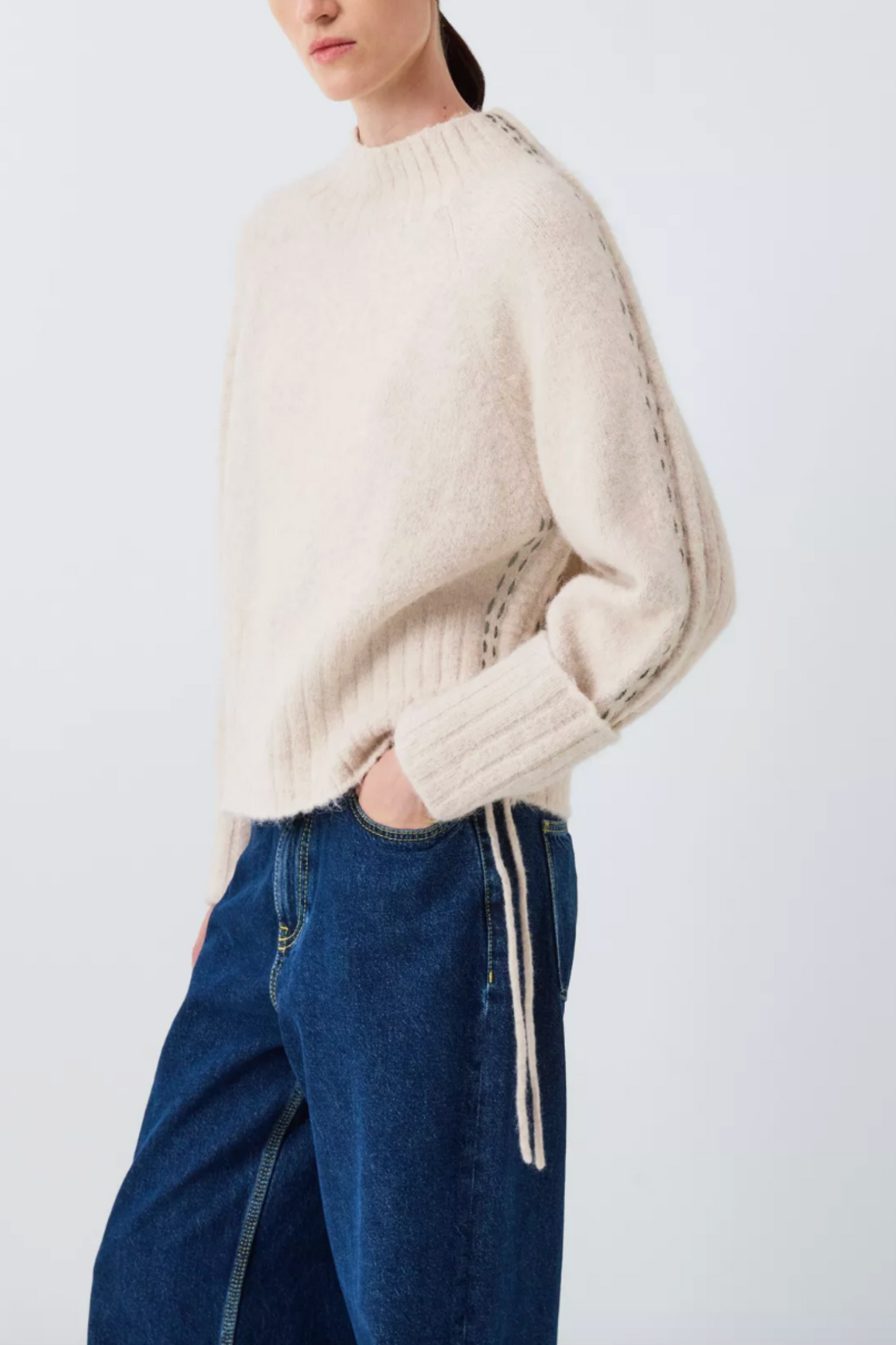 High Neck Contrast Stitch Knit Jumper, Oatmeal