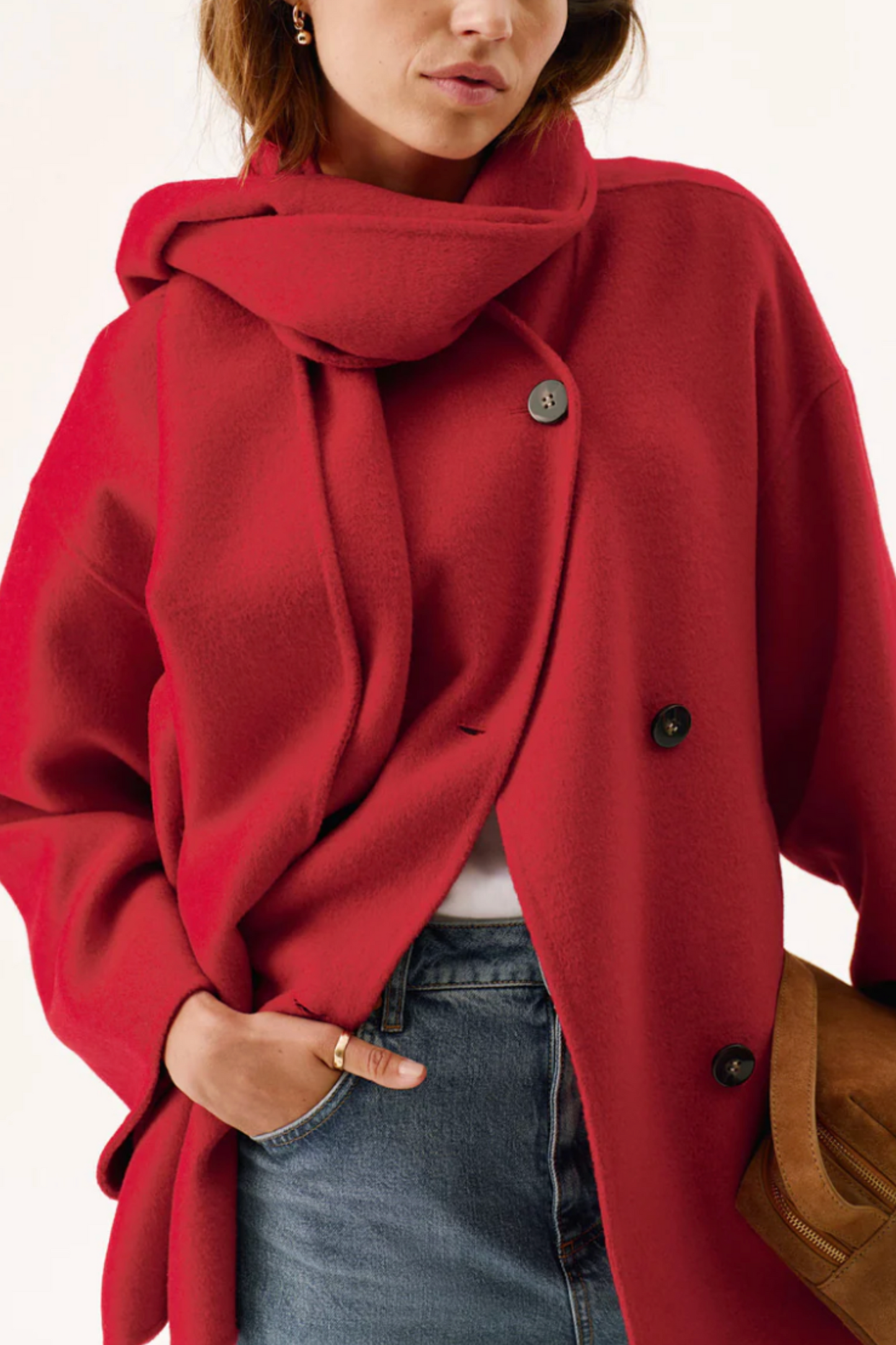 Red Wool Blend Hand Finished Scarf Coat