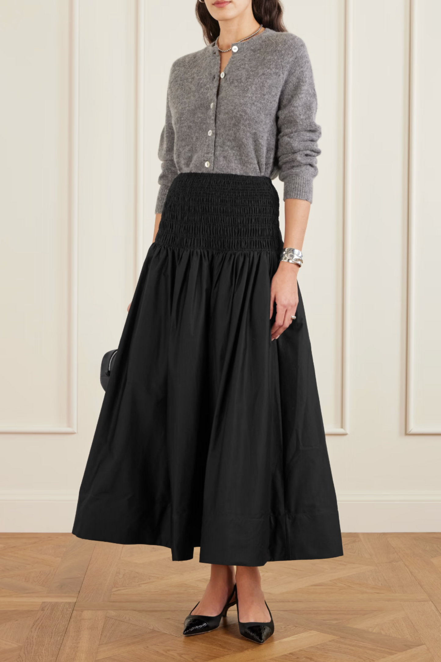 Shirred Cotton-sateen Midi Skirt