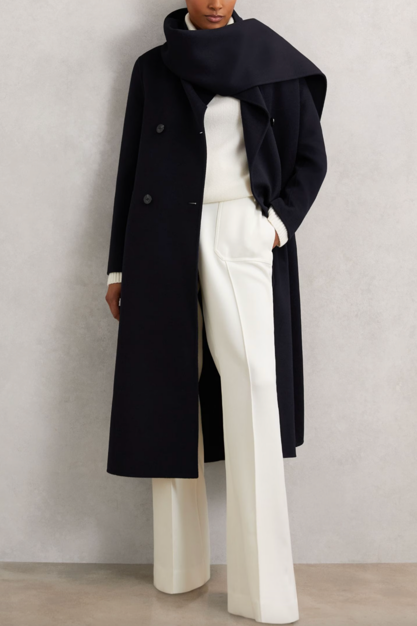 Indira Wool-Blend Scarf Blindseam Coat in Navy