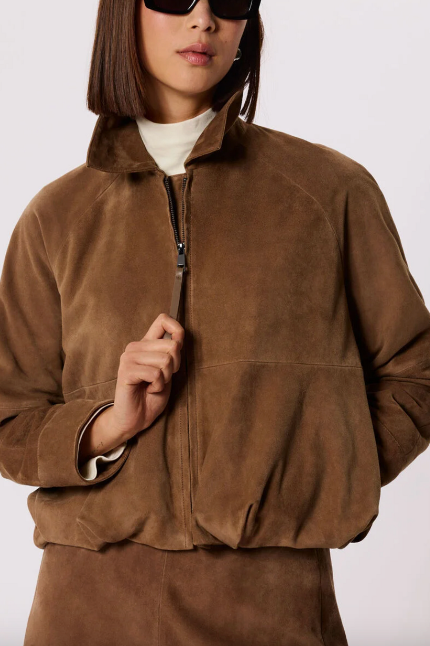 Taupe Gathered Suede Zip Jacket