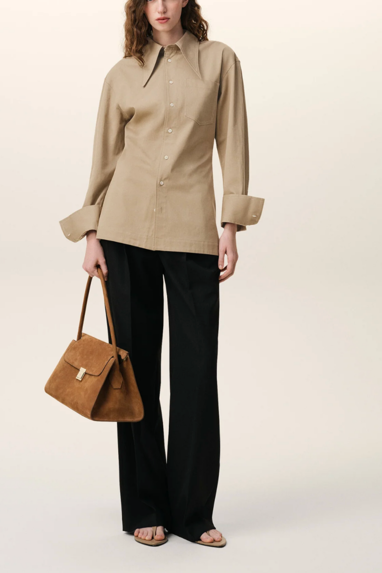 Beige Cotton Sharp Collar Fitted Shirt