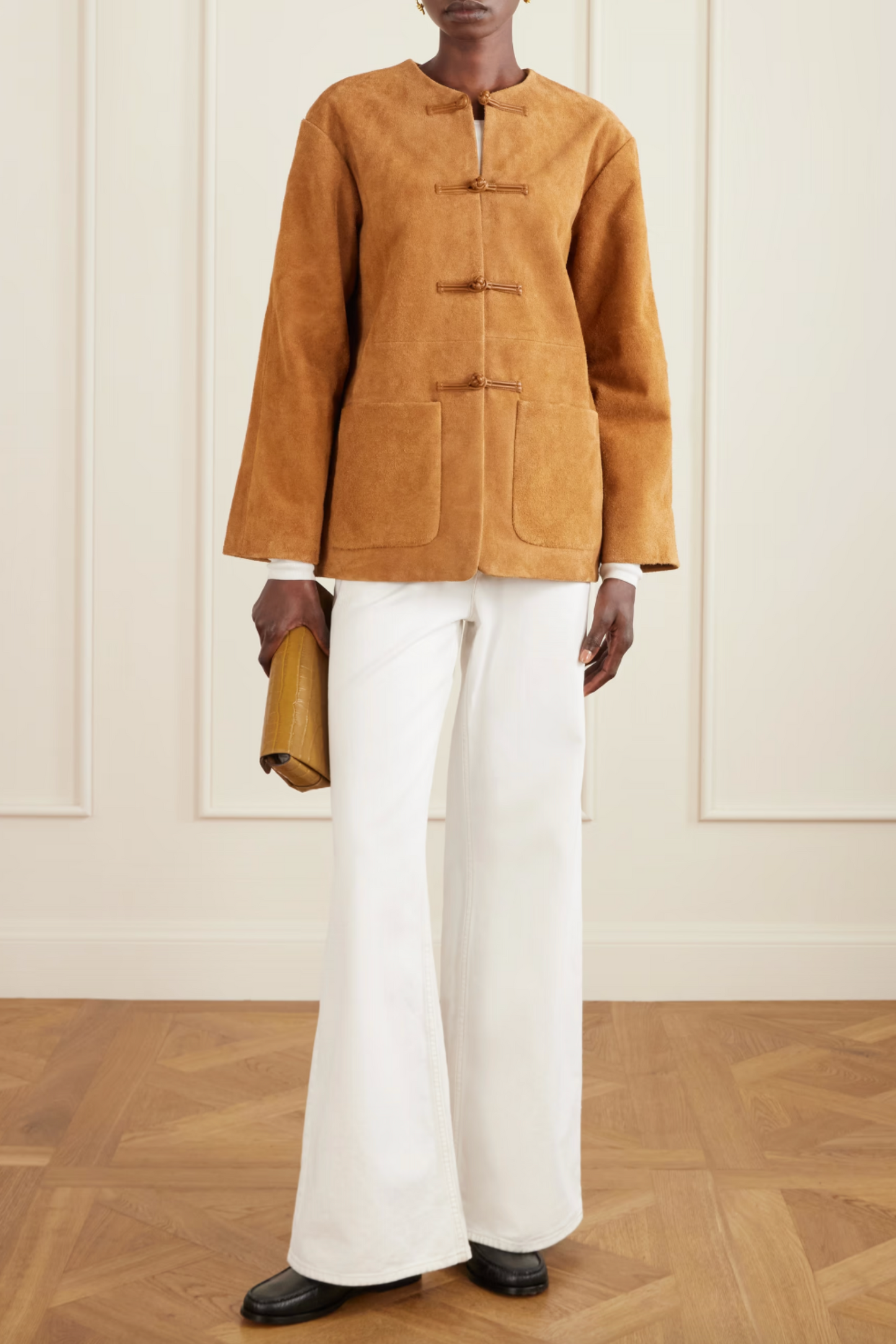 Mandarin Paneled Suede Jacket