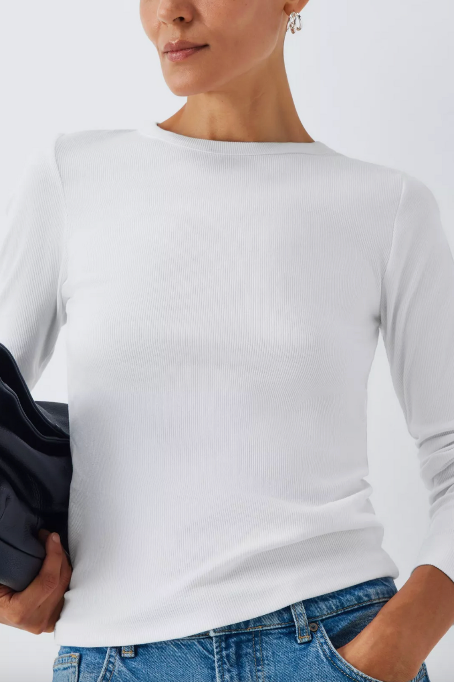 Ribbed Long Sleeve Crew Neck Top, White
