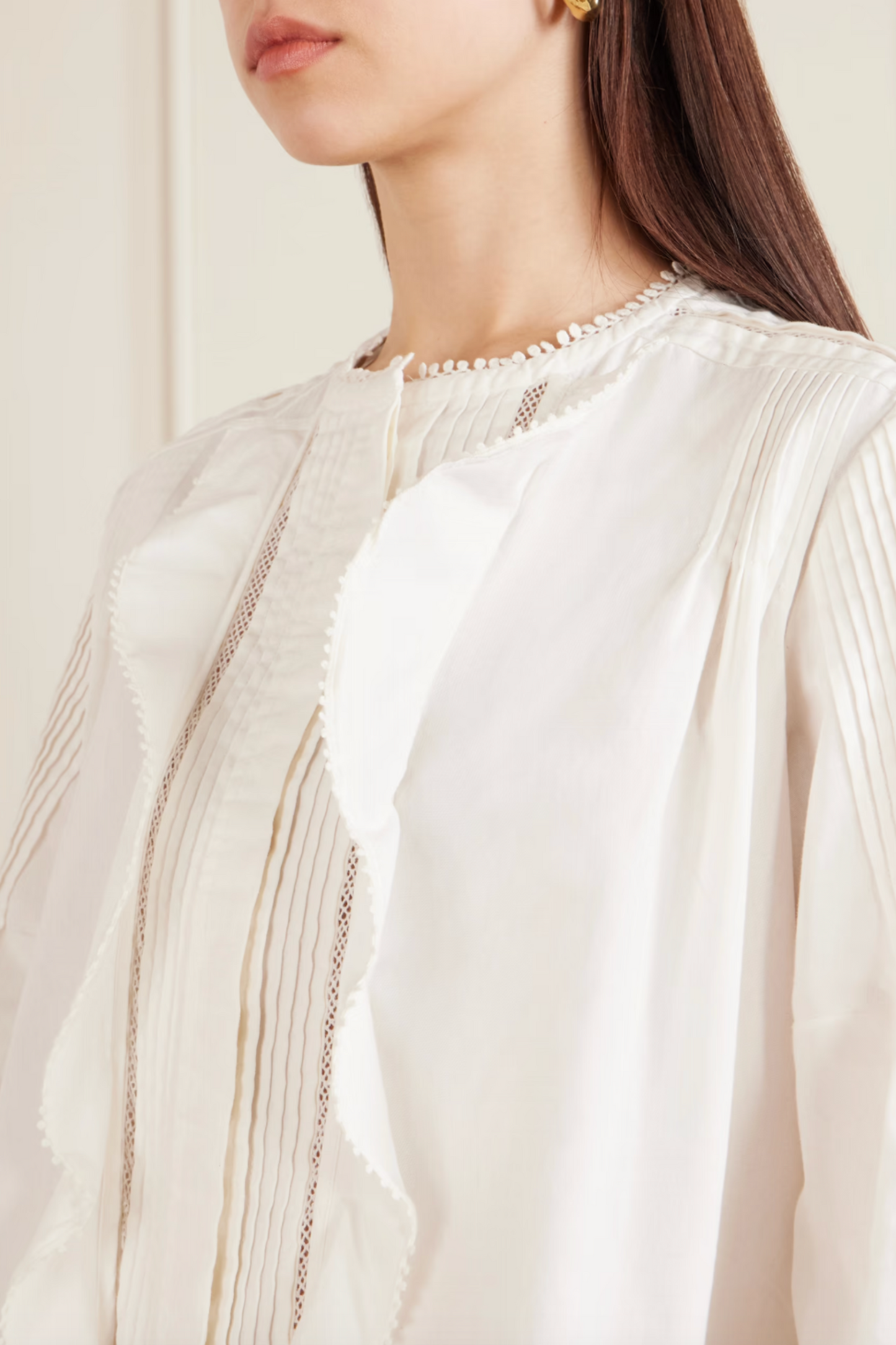 Cubraly Lace-Trimmed Ruffled Pintucked Cotton-Poplin Blouse