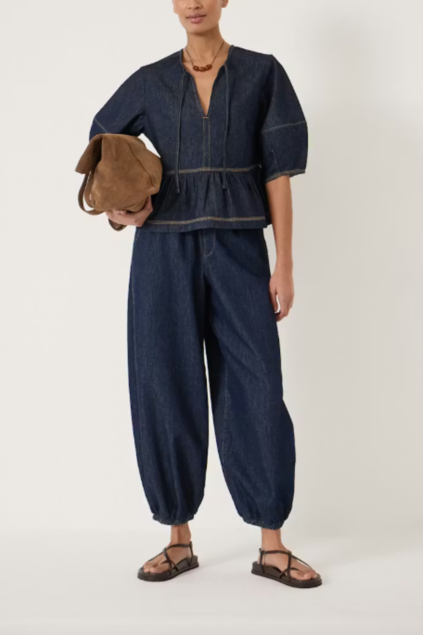 Barrel-sleeve Denim Top and Bubble-hem Jeans
