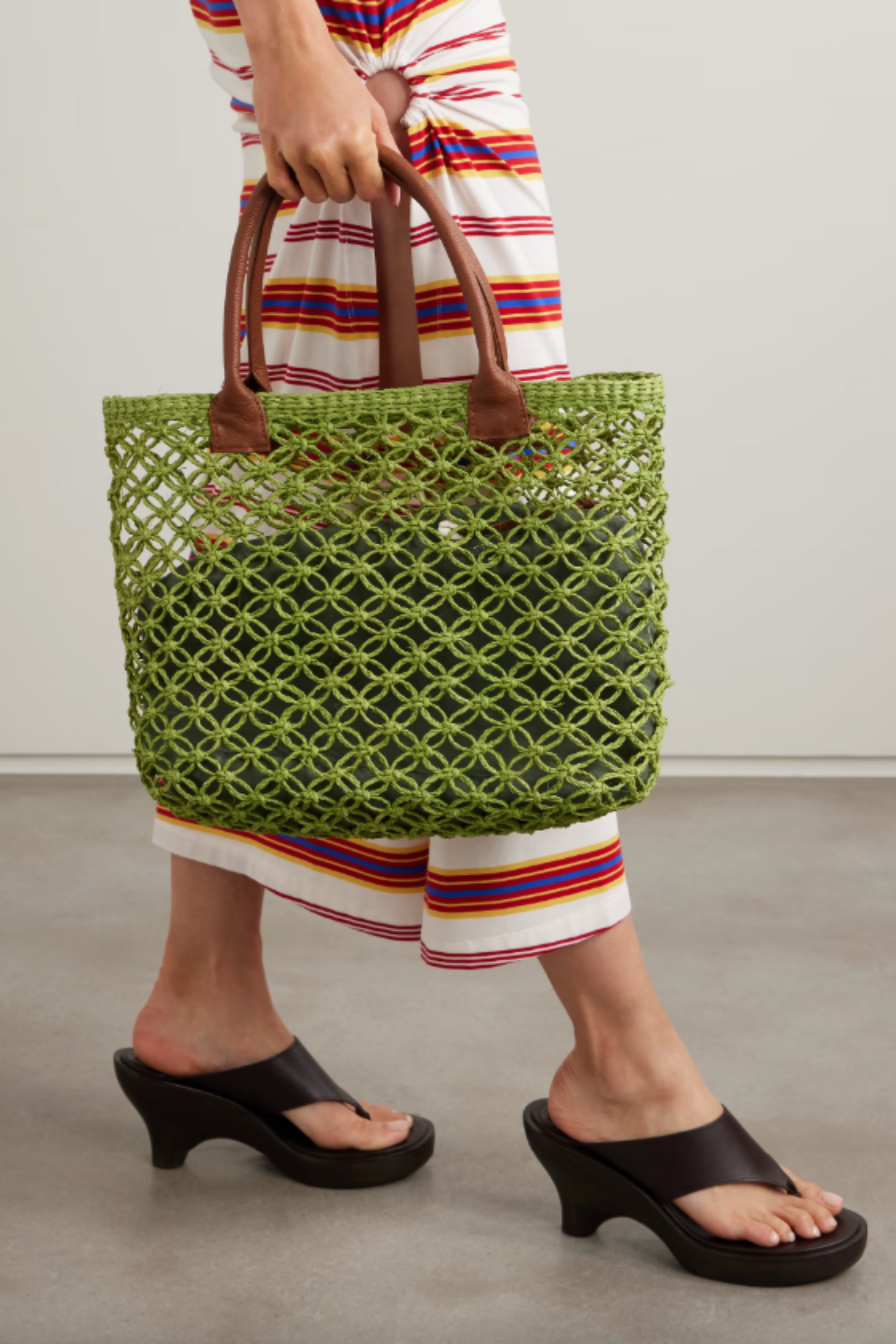 Textured Leather-trimmed Straw Tote