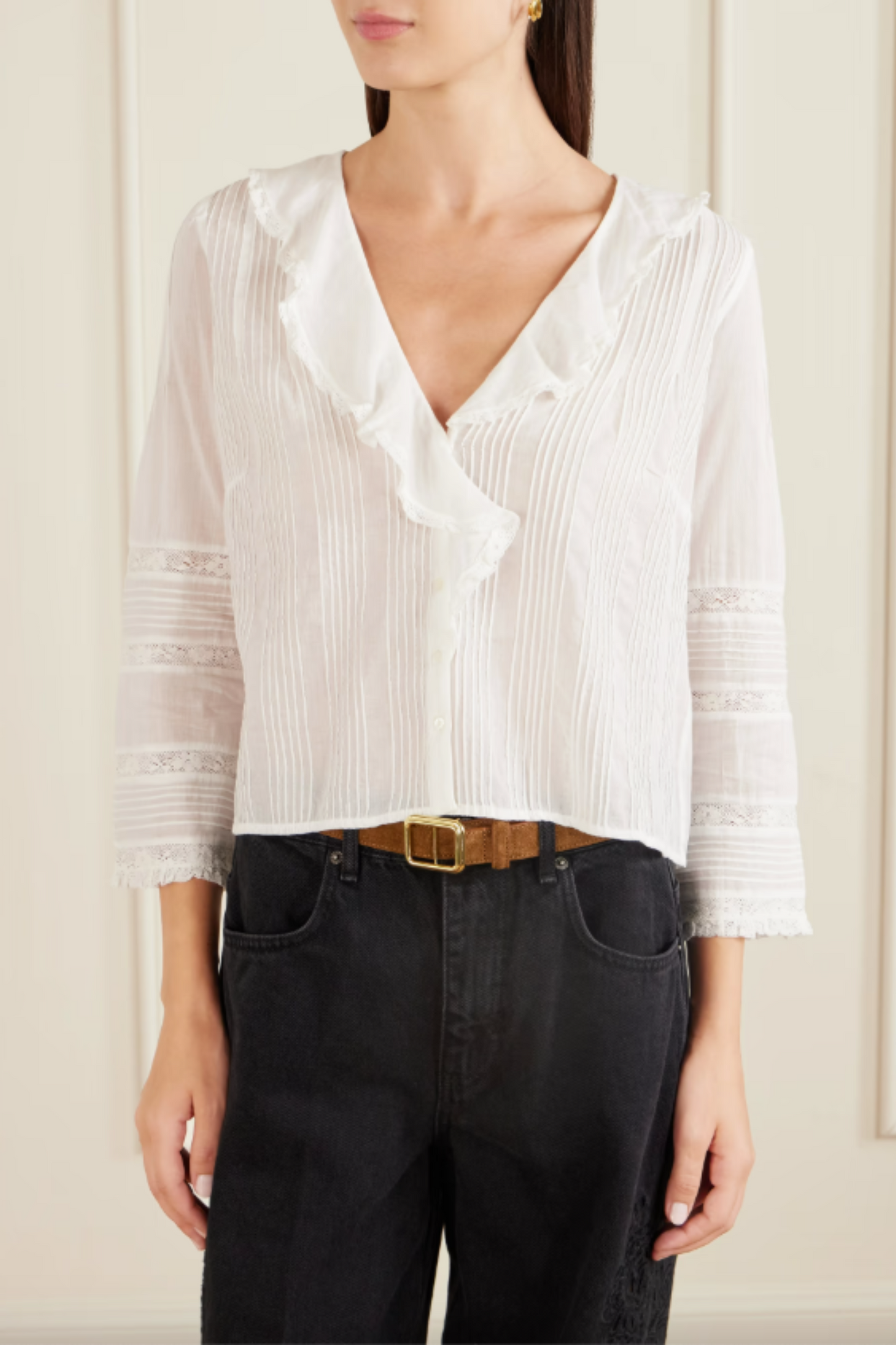 Huguette Ruffled Pleated Lace-trimmed Organic Cotton Blouse