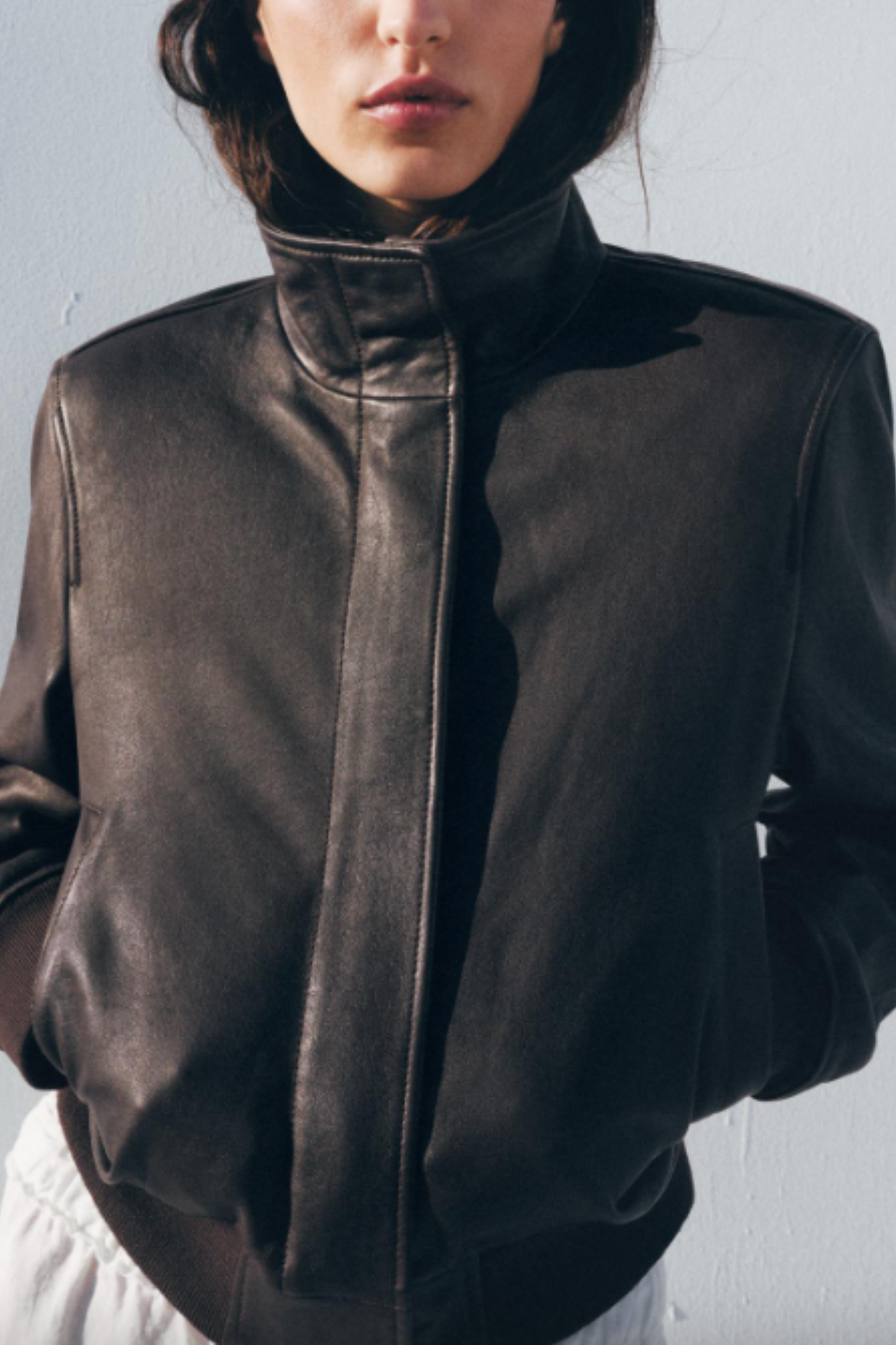 Leather Bomber Jacket with Shoulder Pads