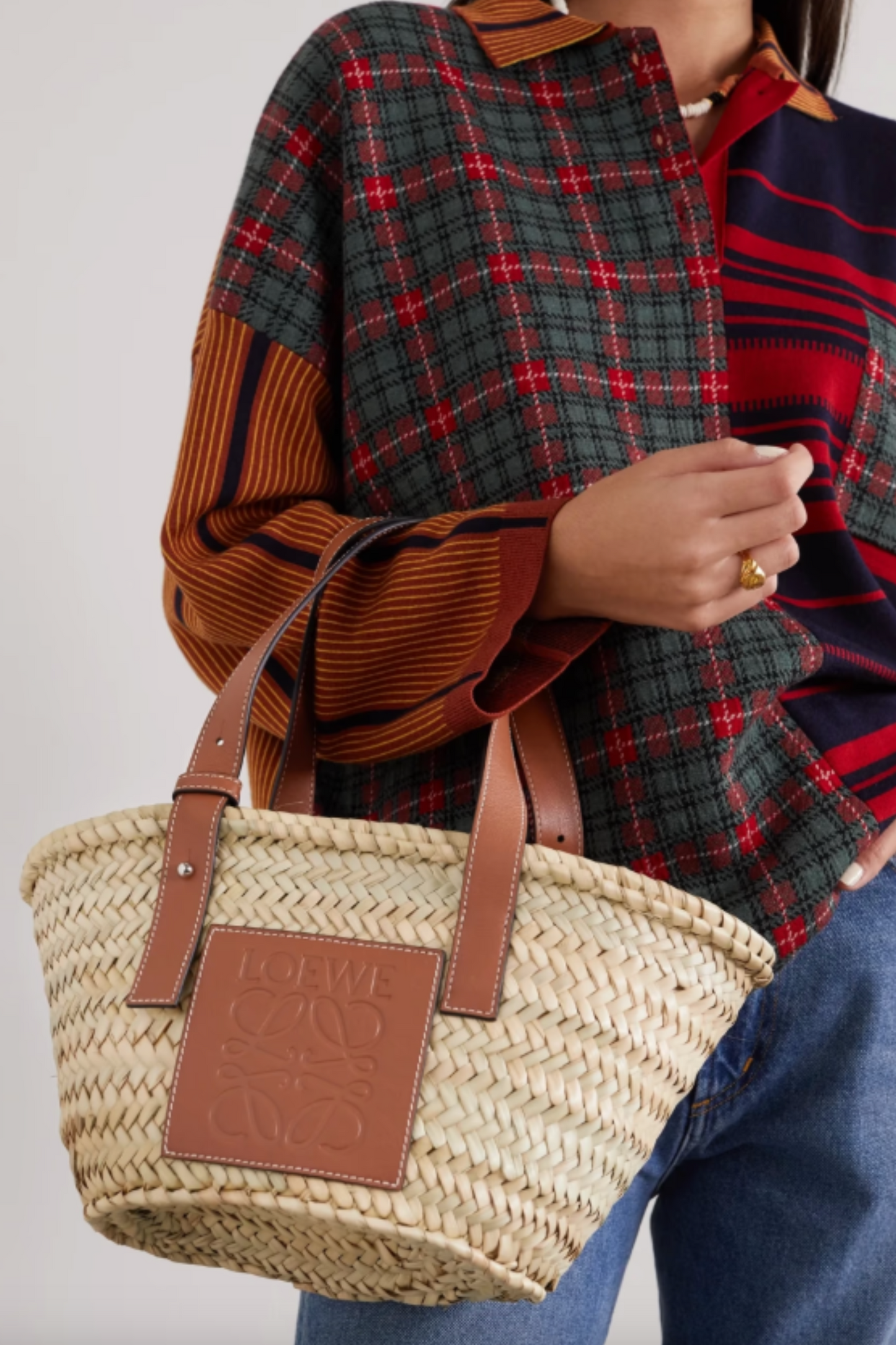 Small Leather-Trimmed Woven Raffia Tote