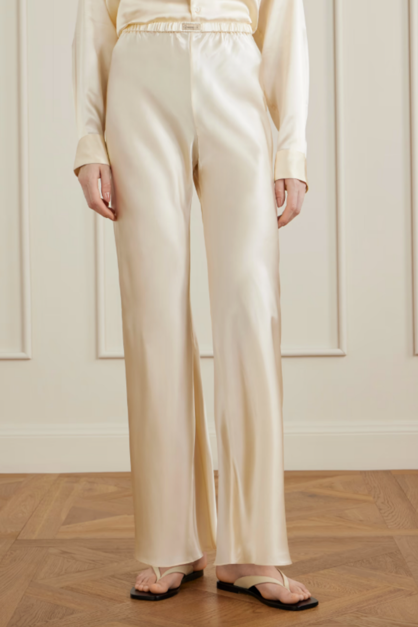 Appliquéd Silk-Charmeuse Straight-Leg Pants