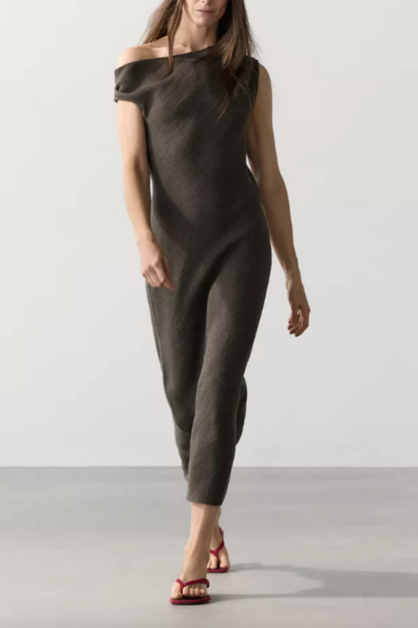 Linen Midi Dress with Shoulder Detail