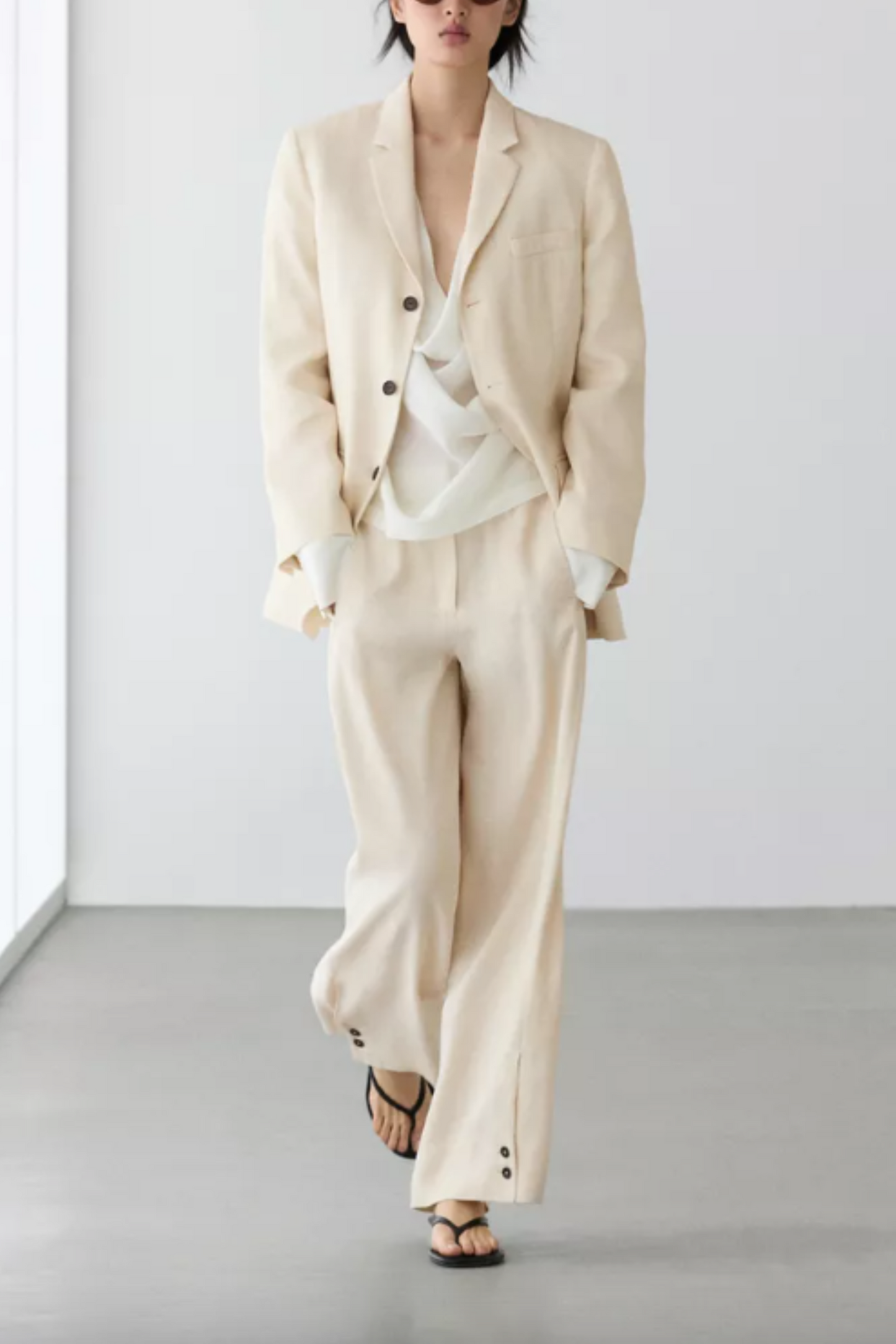 Linen-blend Blazer and Trousers with Button Detail