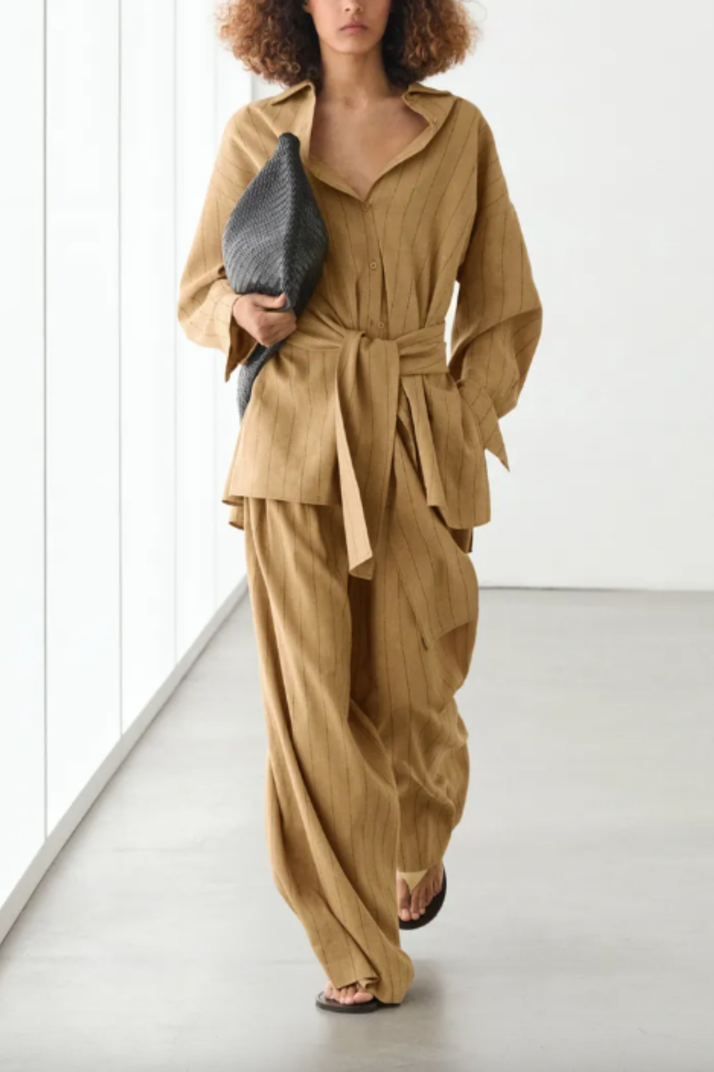 Striped Flowing Shirt with Corset-belt Detail and Darted Wide-leg Trousers