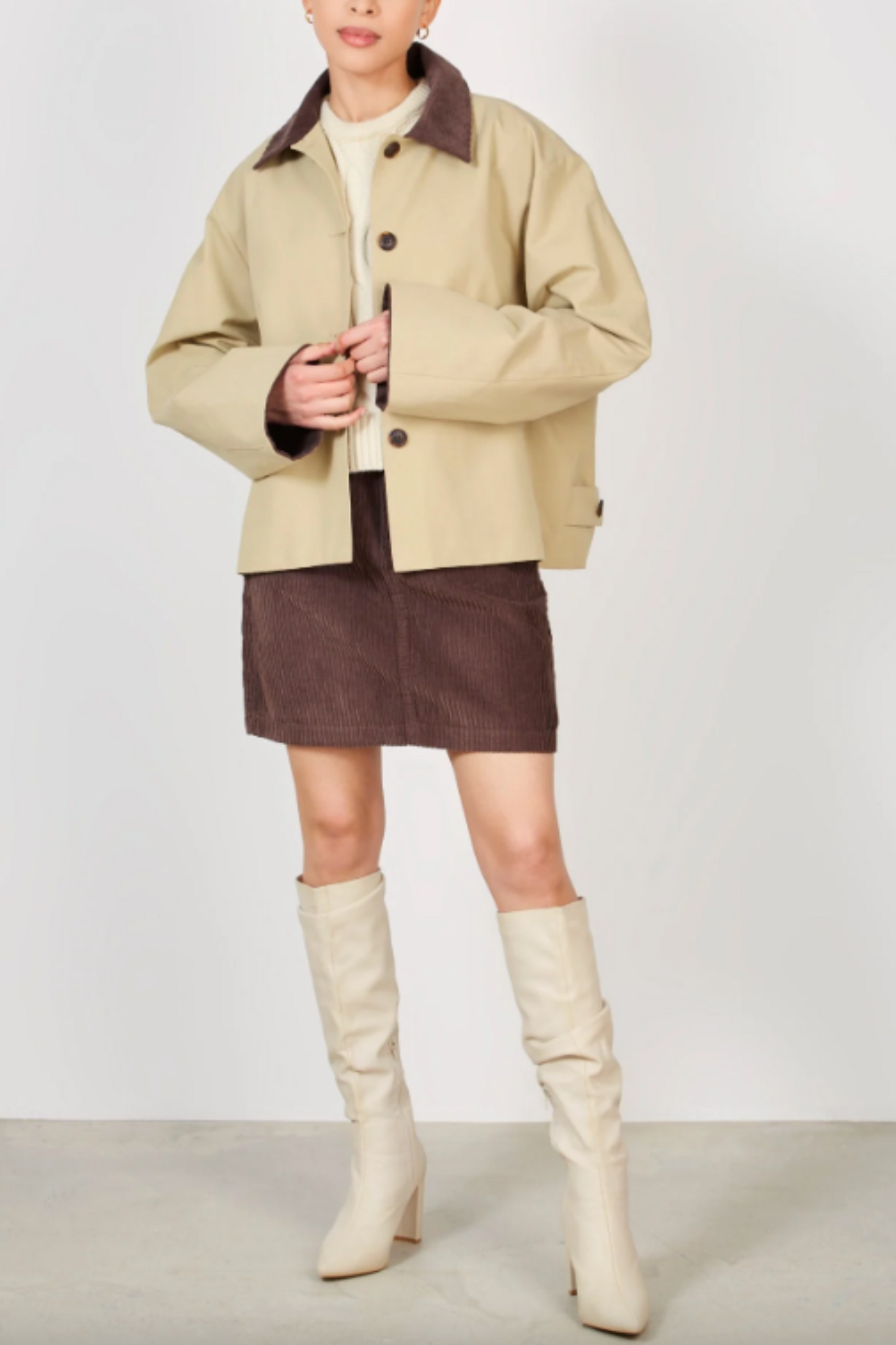 Beige and Brown Corduroy Collar Jacket
