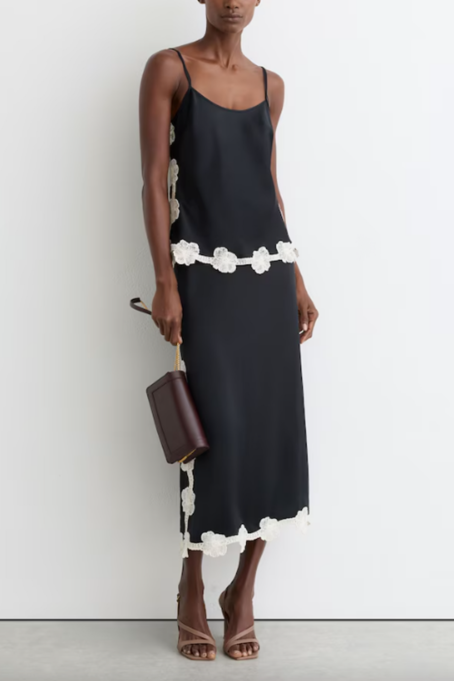 Satin Floral-Lace Trim Cami Top and Floral-Lace Trim Midi Skirt