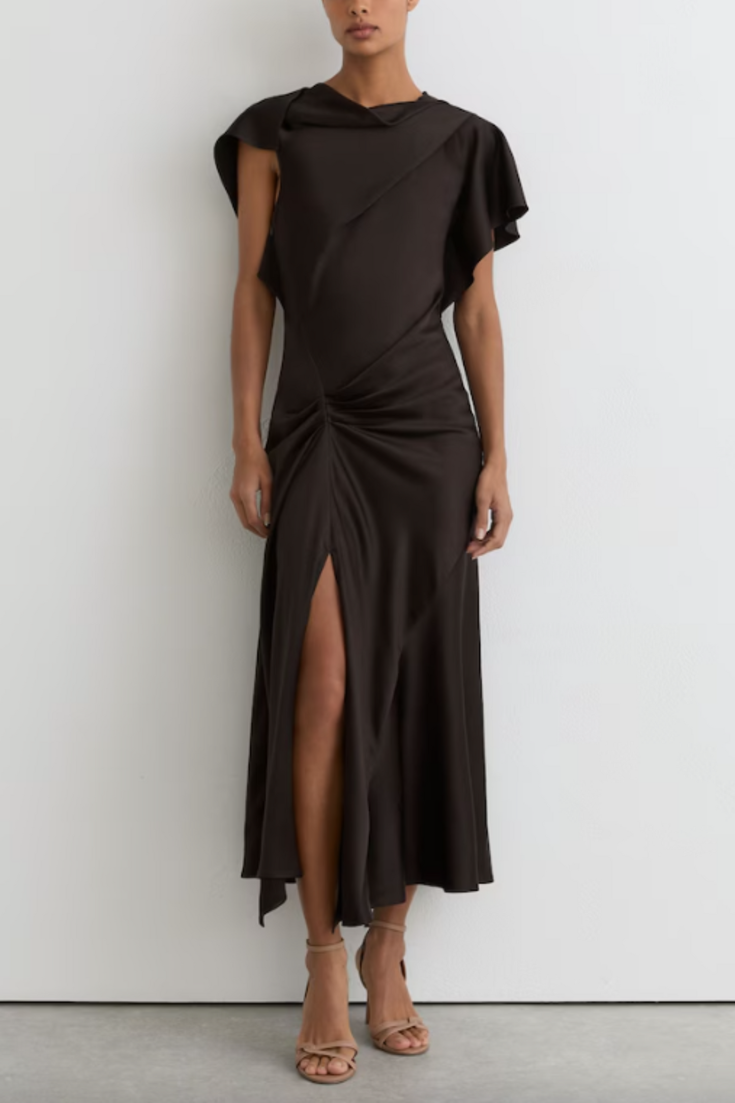 Satin Drape-Detail Midi Dress