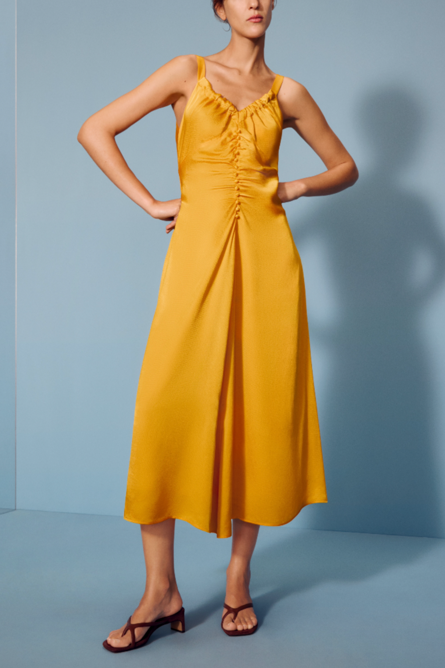 Textured Satin Button Detail Sleeveless Midi Dress