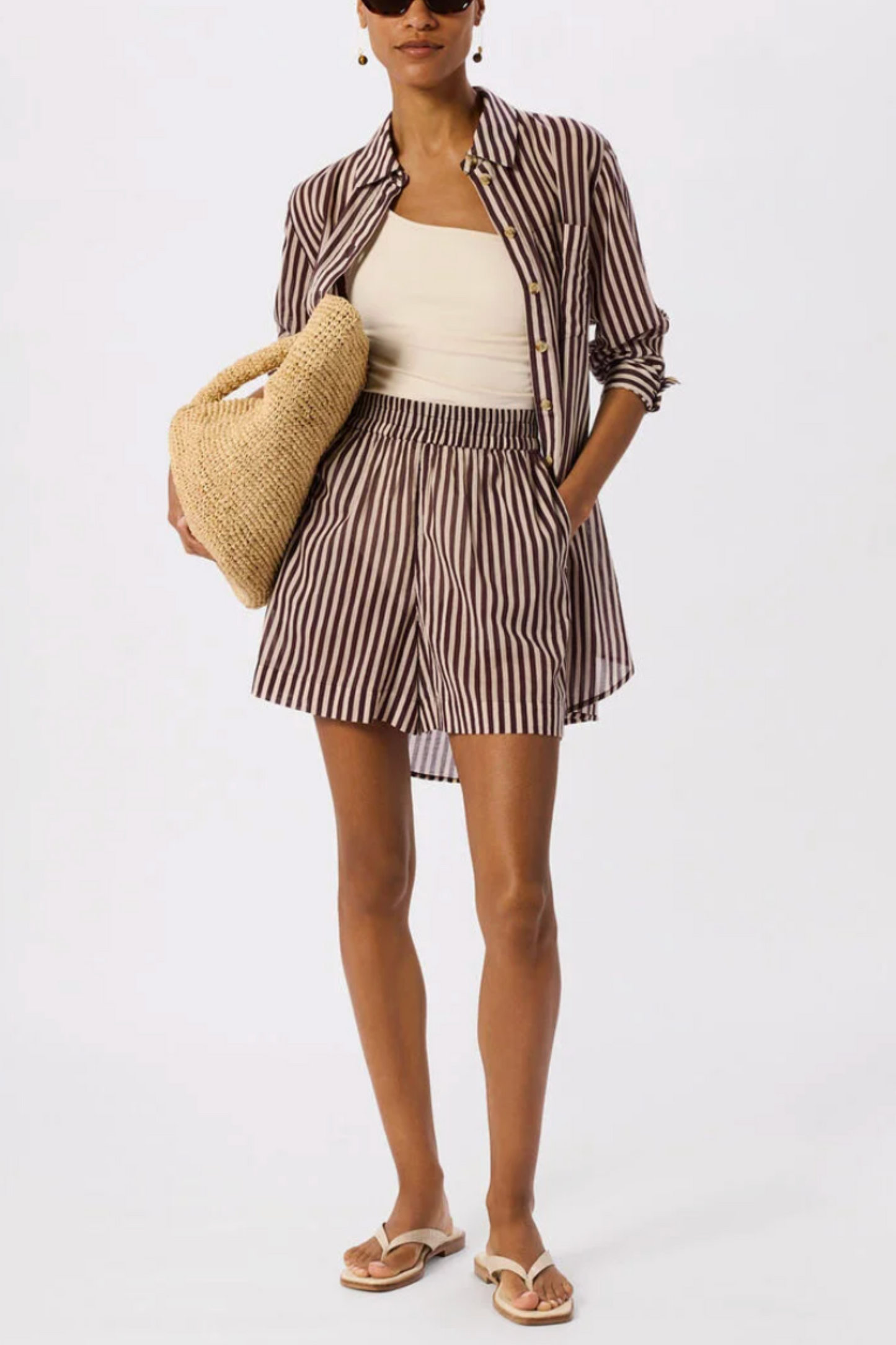 Burgundy Stripe Long Sleeve Beach Shirt and Shorts