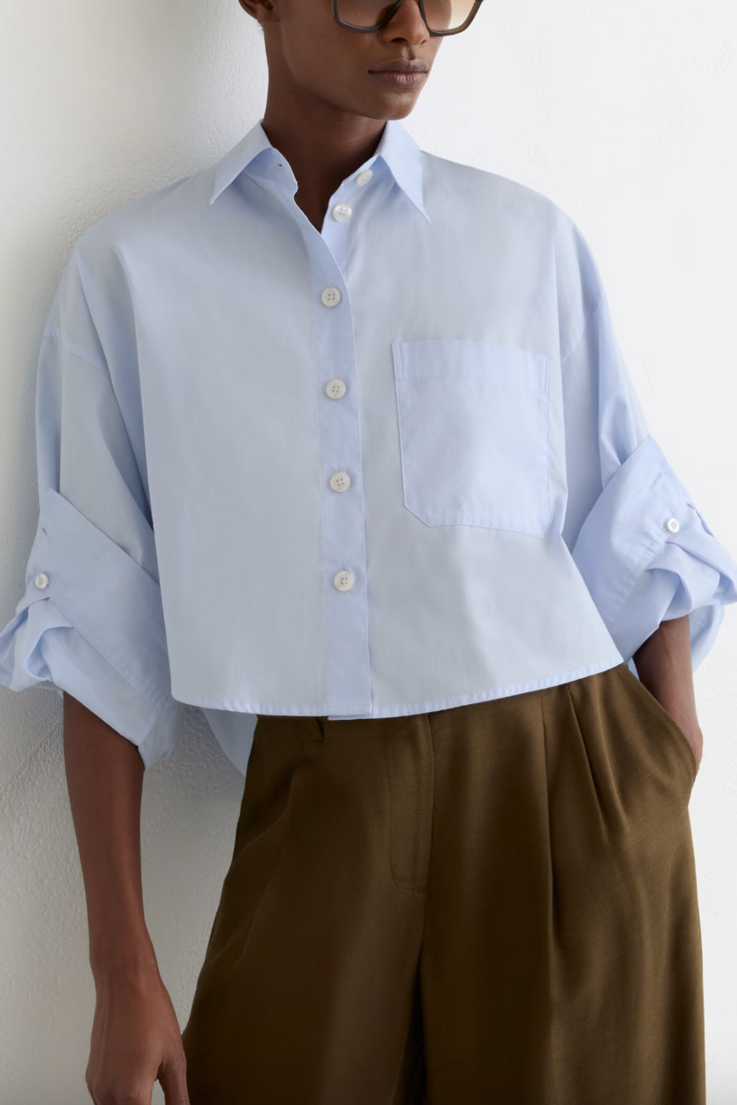Solenge Cotton Cropped Long-sleeve Shirt in Blue
