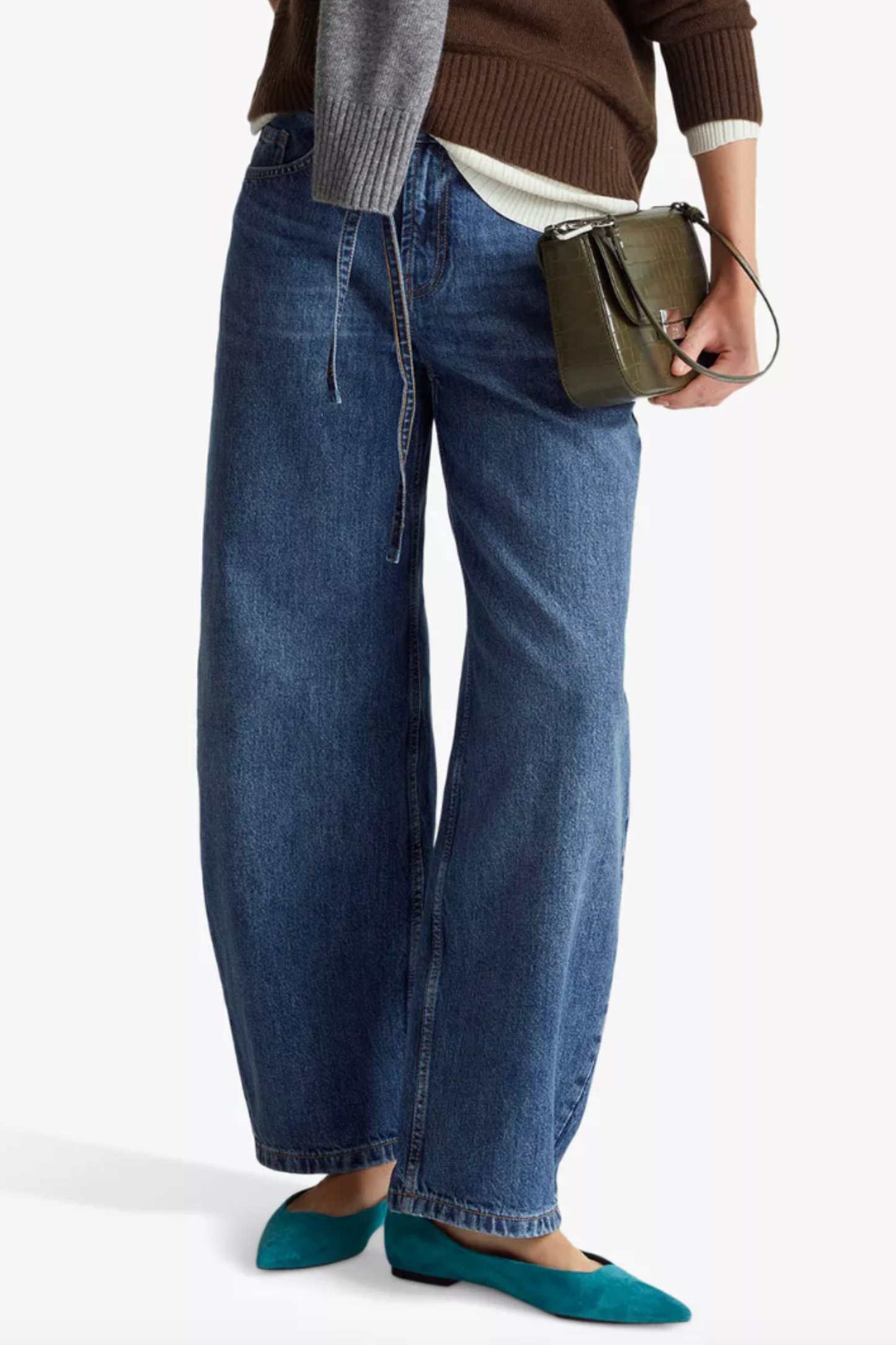 Barrel Leg Tie Belt Denim Jeans, Blue