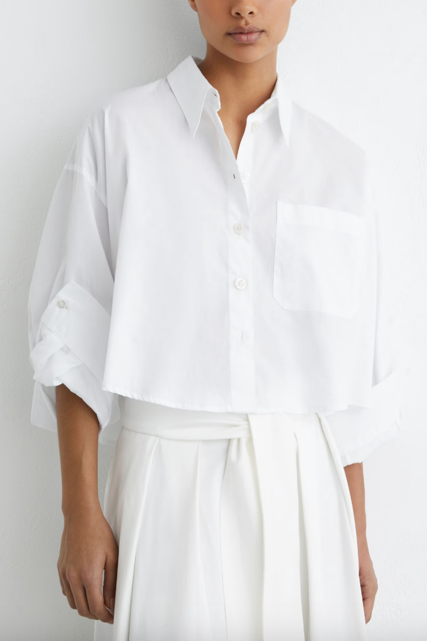 Cotton Cropped Long-sleeve Shirt in White