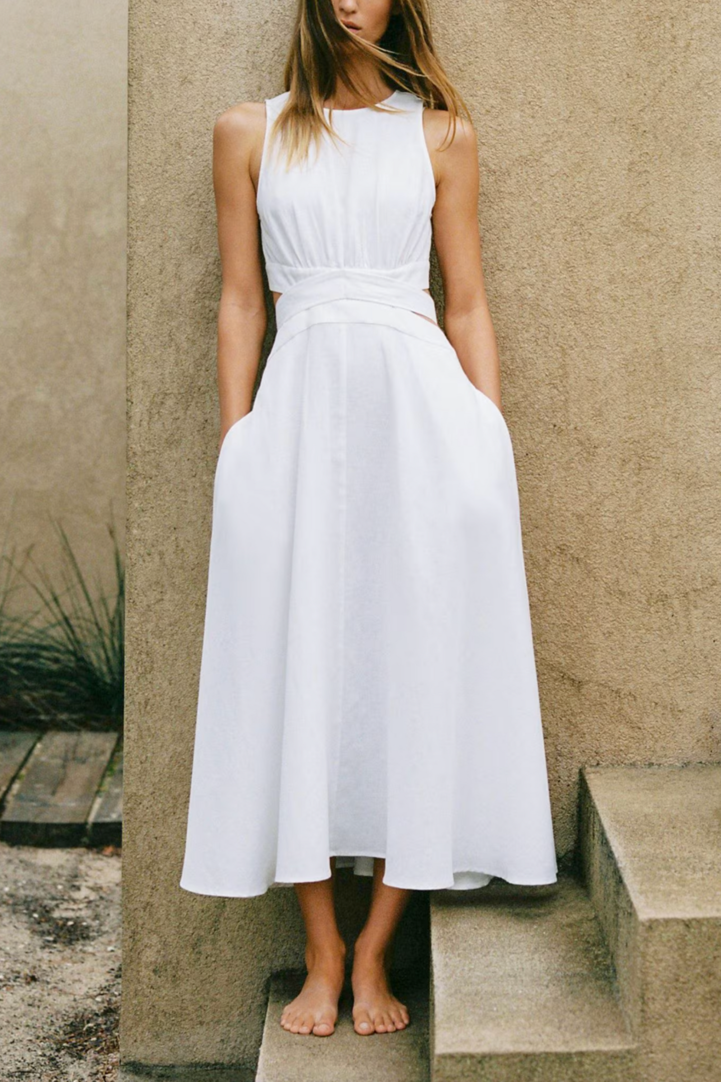 Linen-cotton Cut-out Midi Dress in Ivory