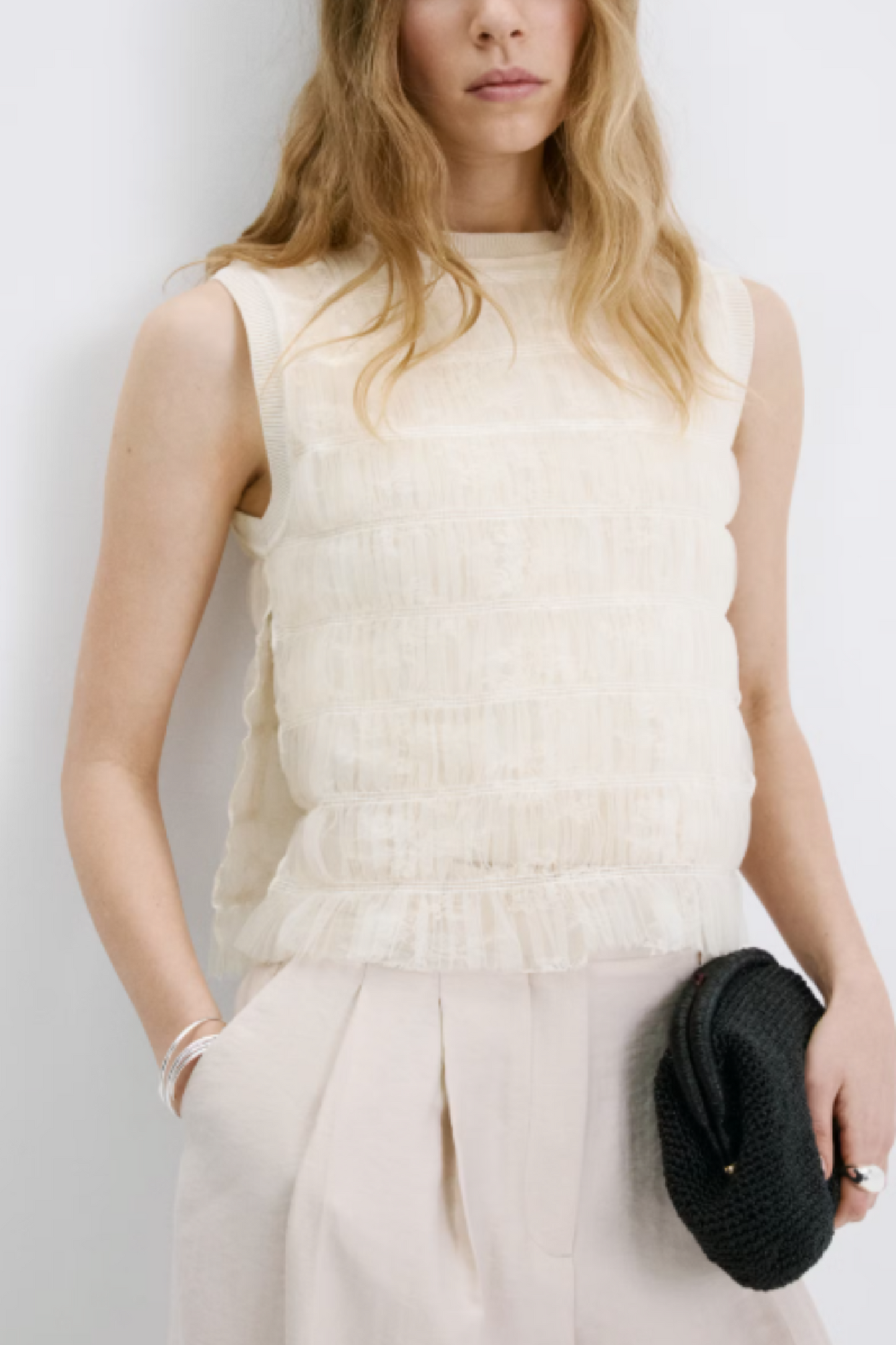 Ruched Mixed Fabric Top